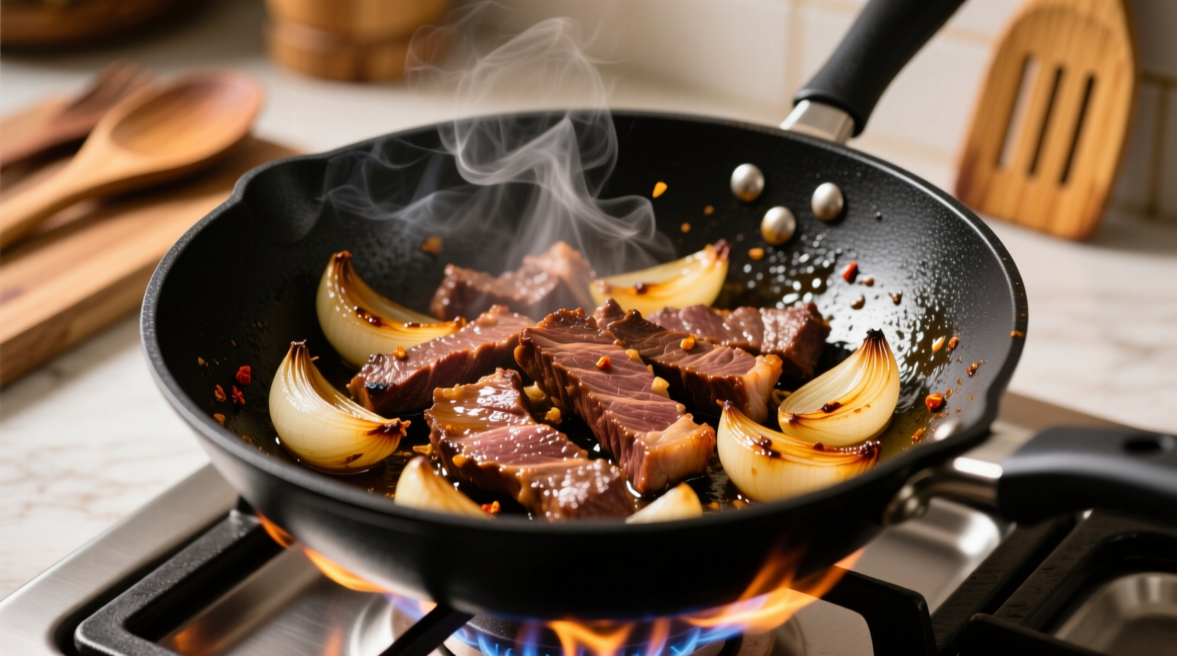 Sizzling beef with onion stir fry in wok
