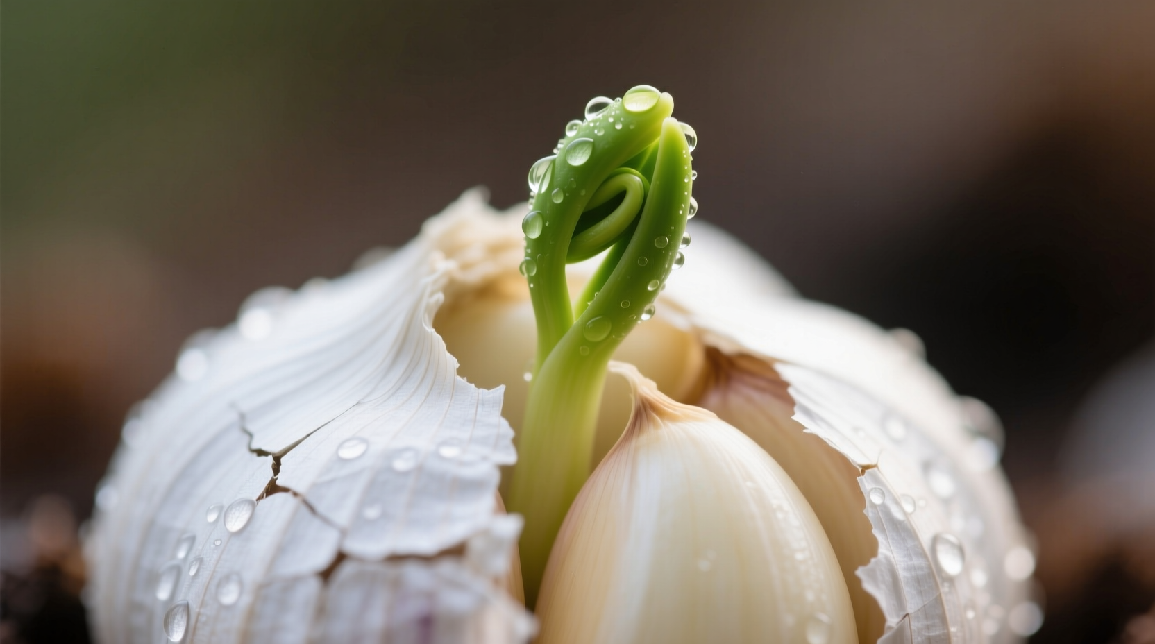 Close-up of garlic clove with green sprout center