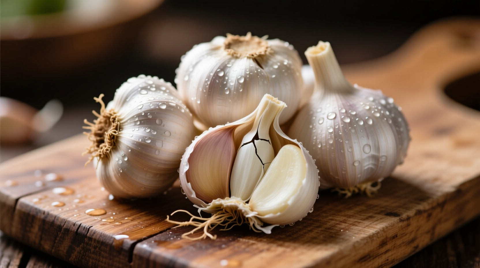Fresh raw garlic cloves with chopping board