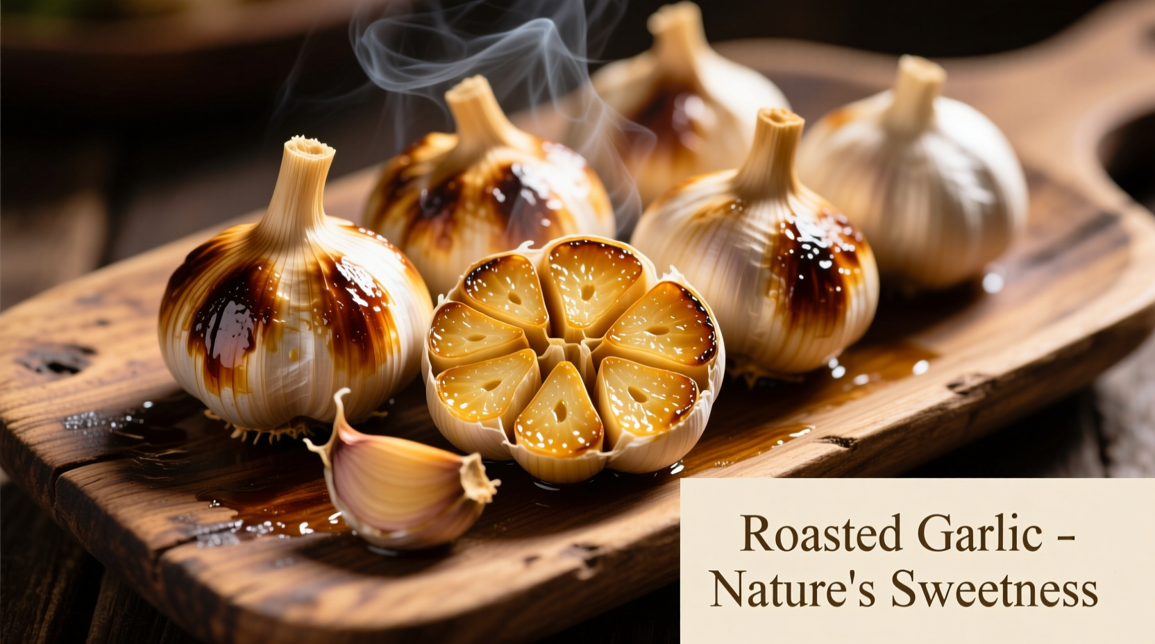Golden roasted garlic cloves on wooden board