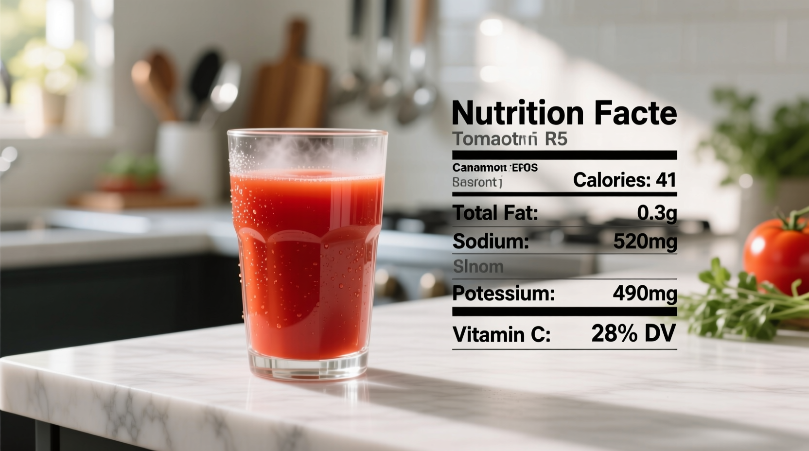Nutrition facts of tomato juice in glass
