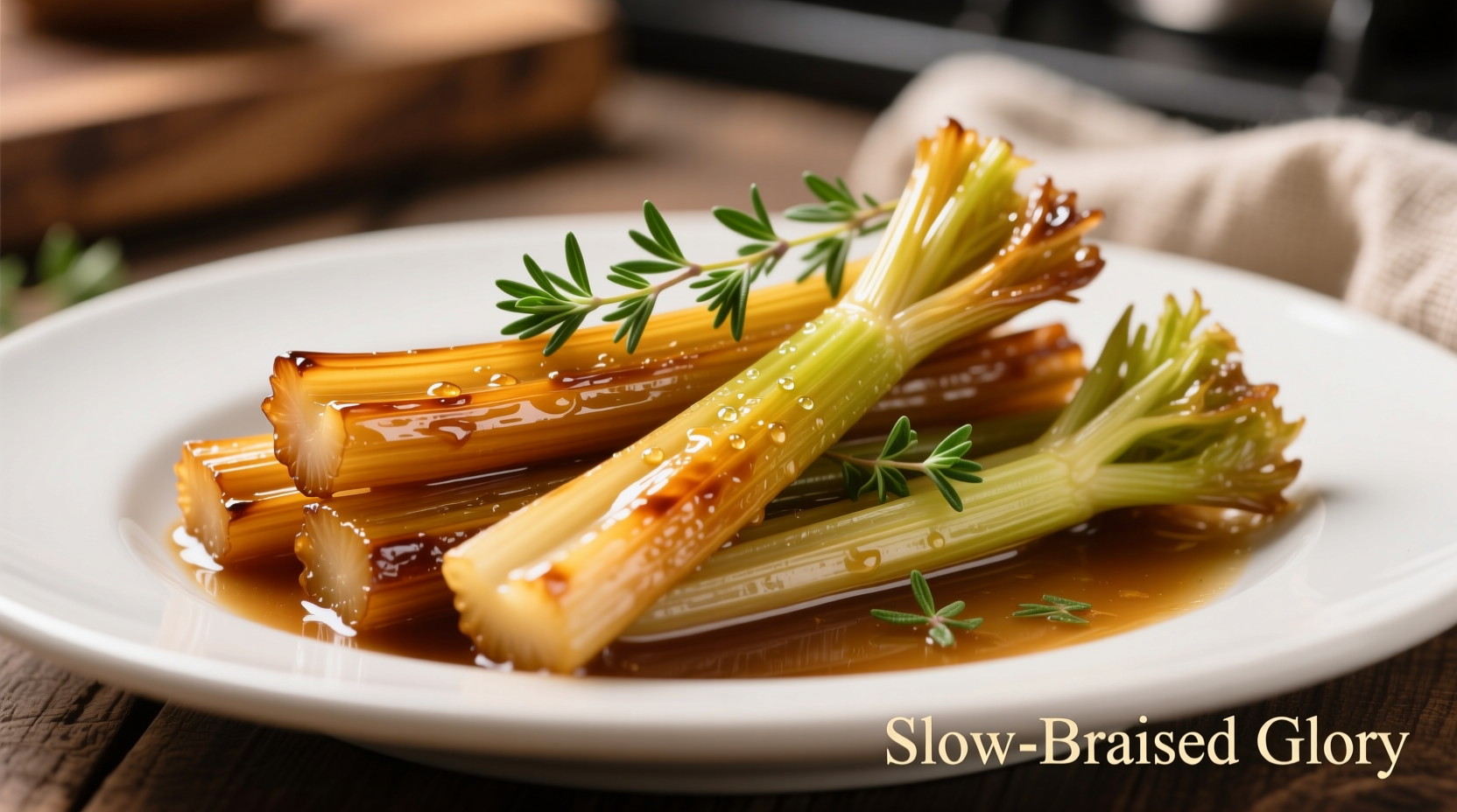 Golden braised celery stalks with thyme garnish