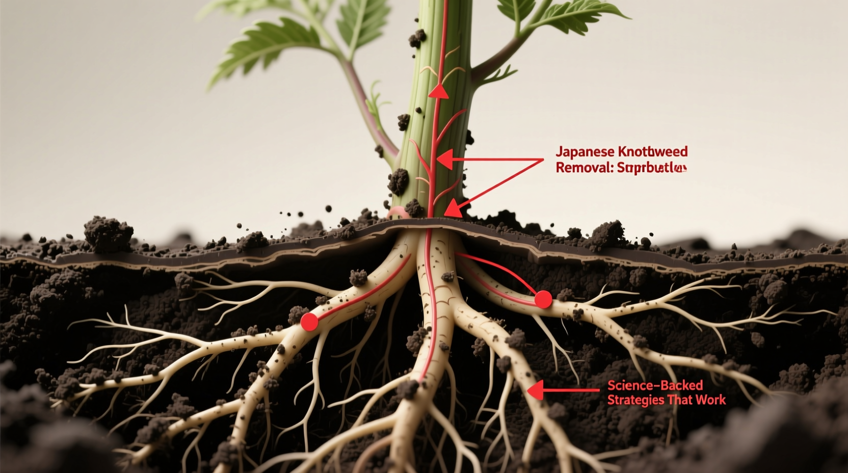 Diagram showing Japanese knotweed root system depth and optimal herbicide injection points during growth stages