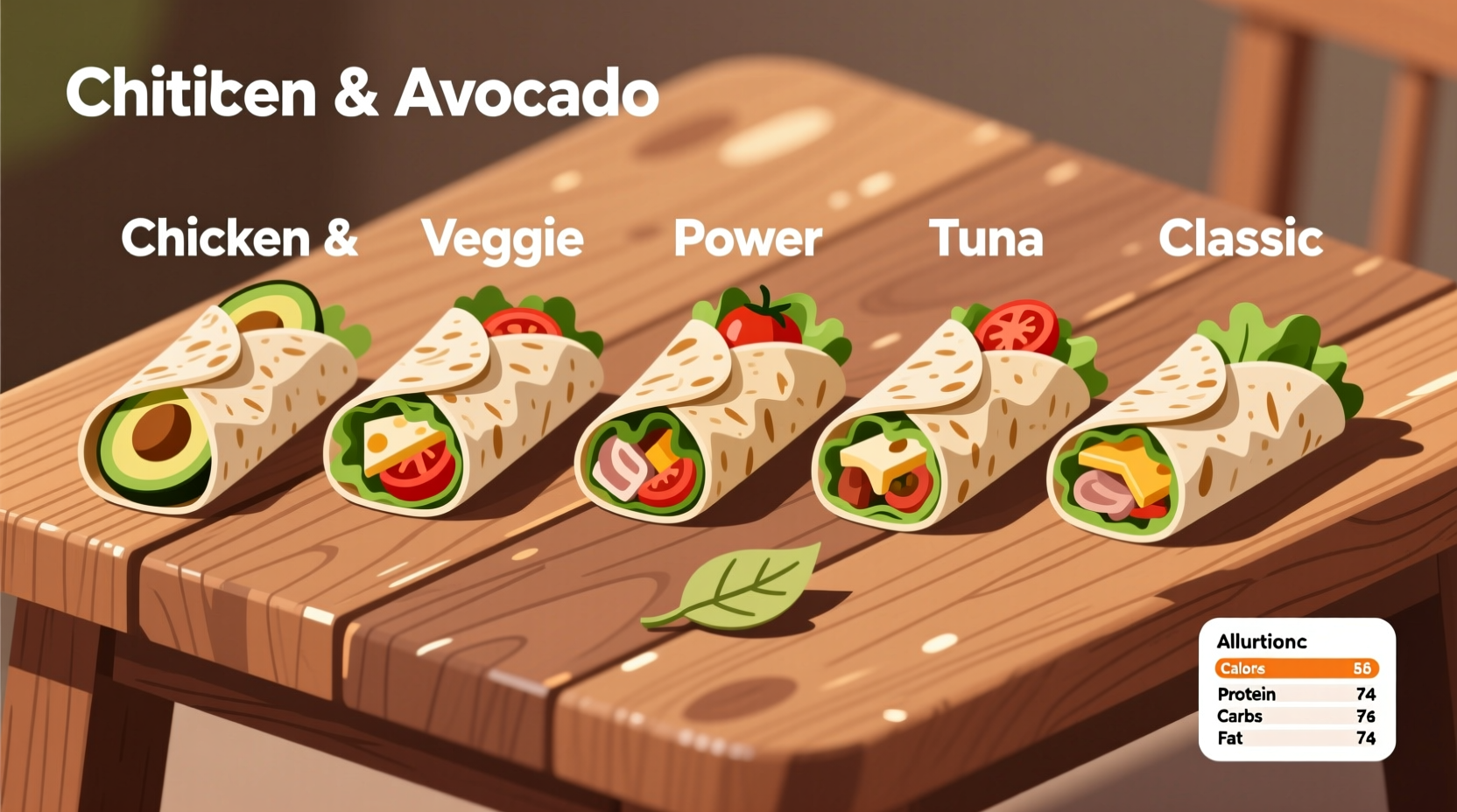 Nutritional comparison of different wrap options on wooden table