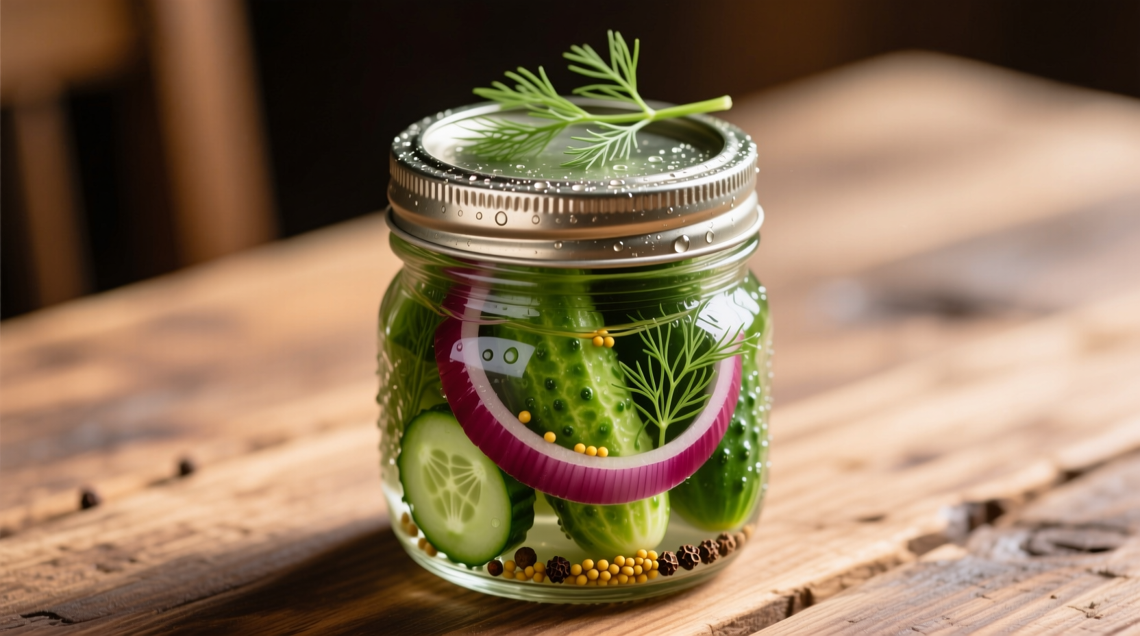 Crisp cucumber and red onion quick pickles in mason jar
