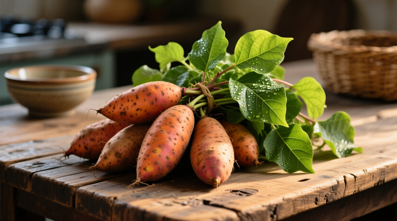 Fresh sweet potatoes with leaves on wooden table