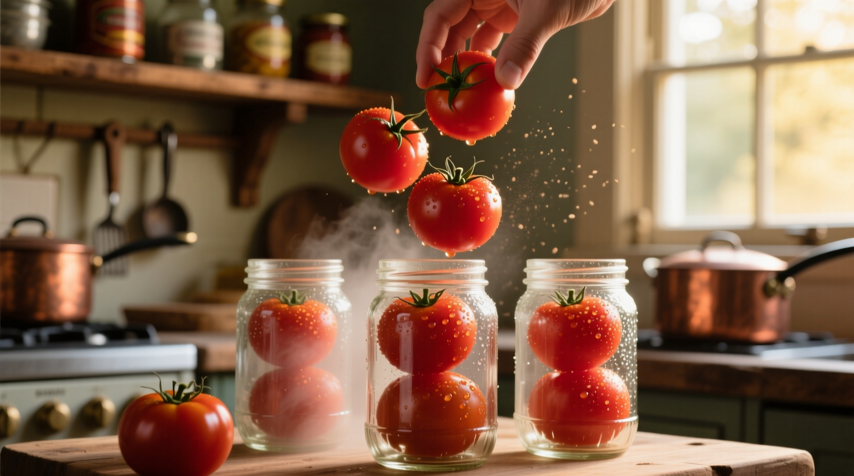 Fresh tomatoes being transferred into sterilized canning jars
