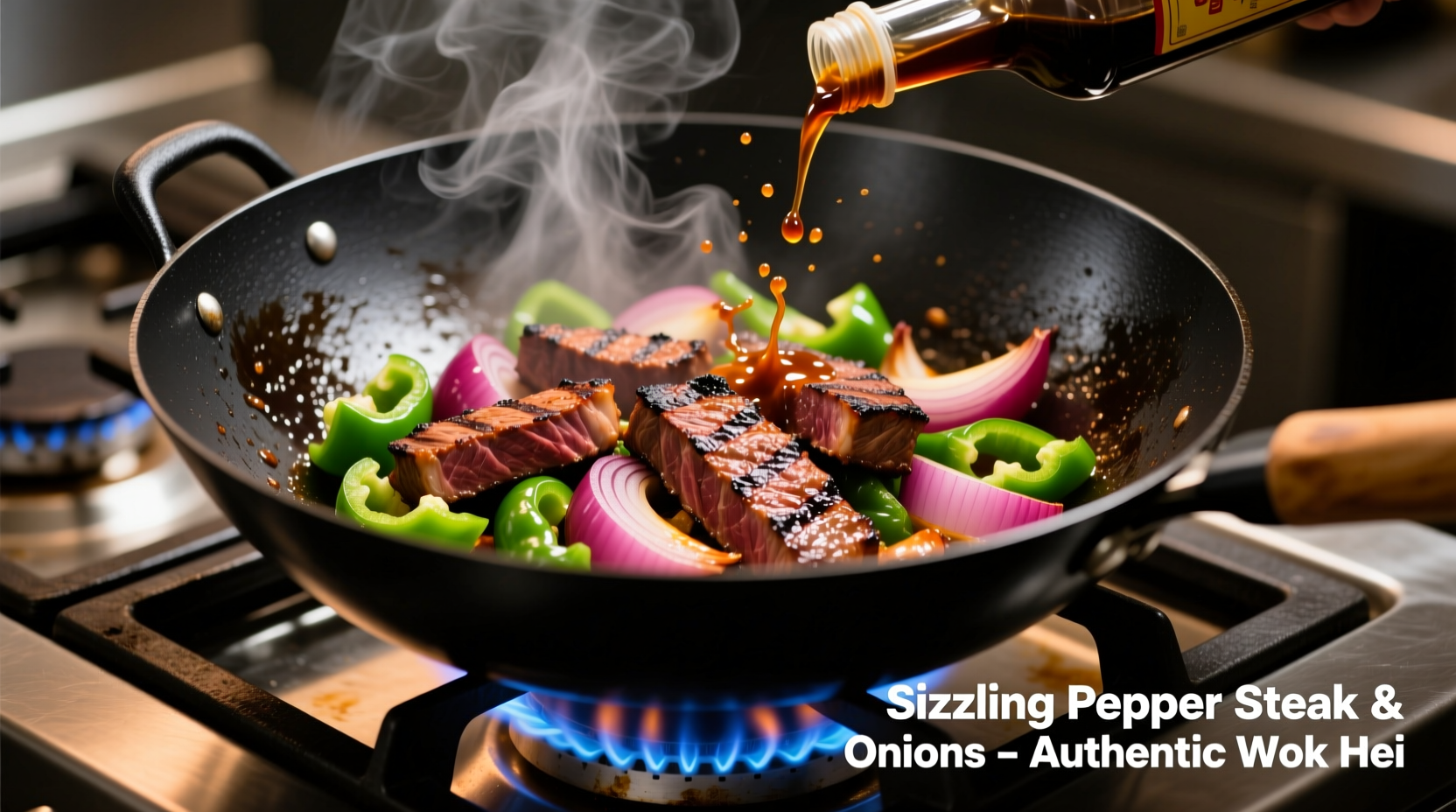 Sizzling pepper steak and onions in wok