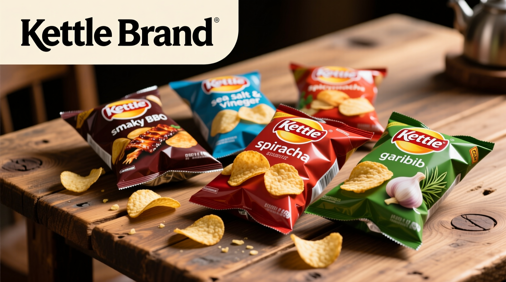Kettle Brand potato chips in various flavors on wooden table
