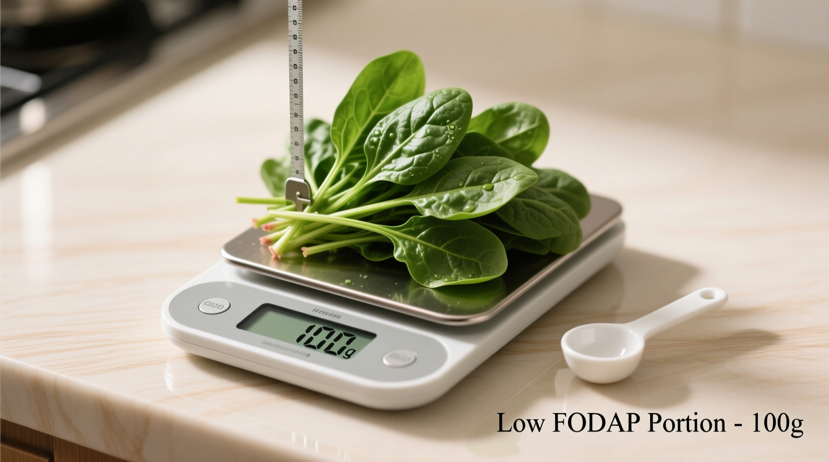 Measuring proper low FODMAP spinach portion on kitchen scale