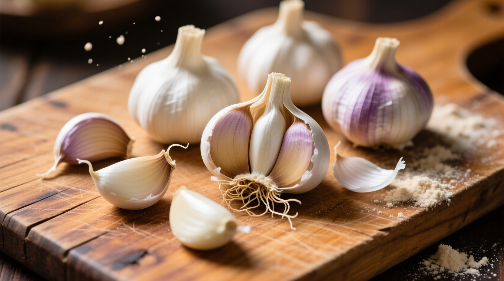 Fresh raw garlic cloves on wooden cutting board