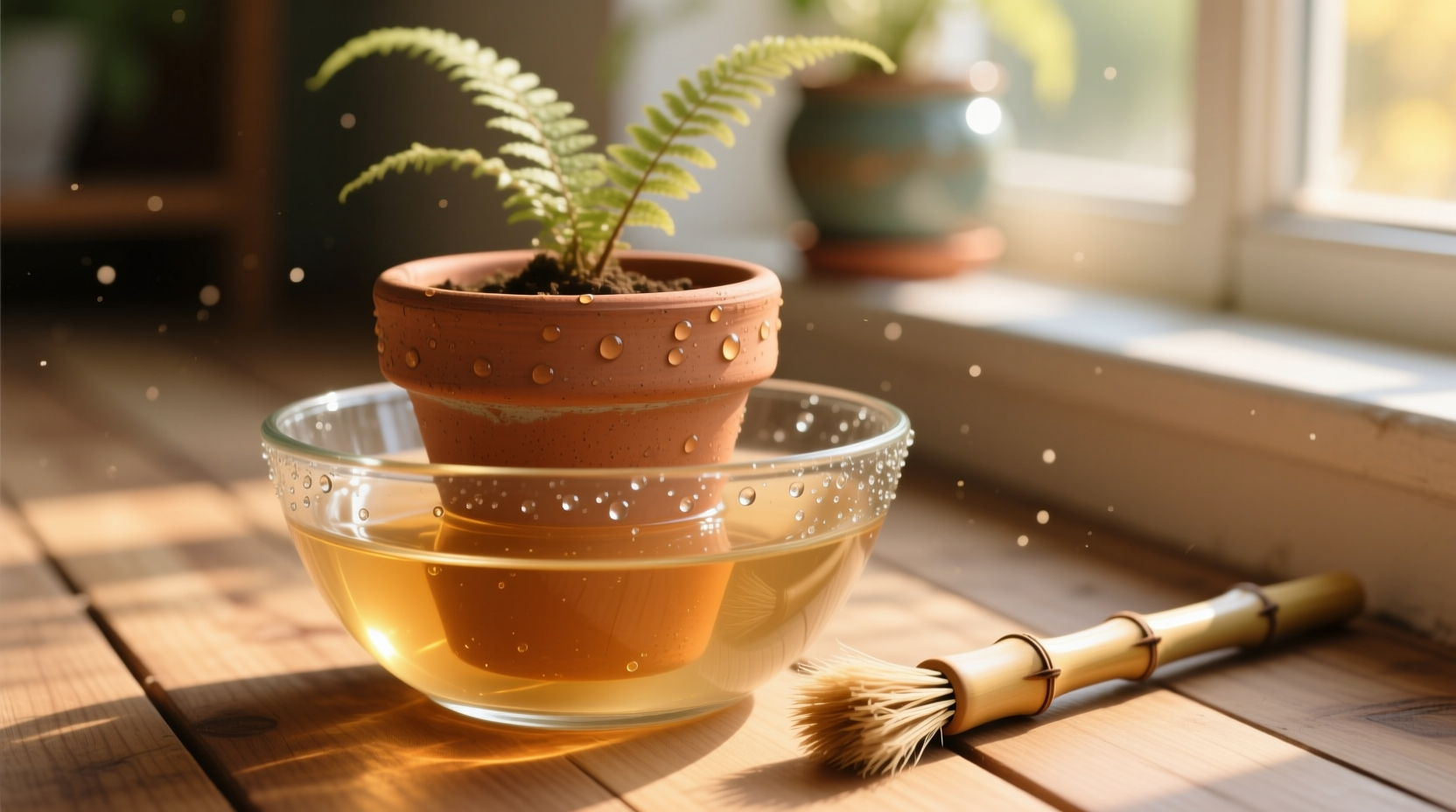 A close-up of terracotta and ceramic plant pots soaking in a clear glass bowl filled with a pale amber vinegar-water solution, with a bamboo brush resting beside it and droplets glistening on a sunlit windowsill