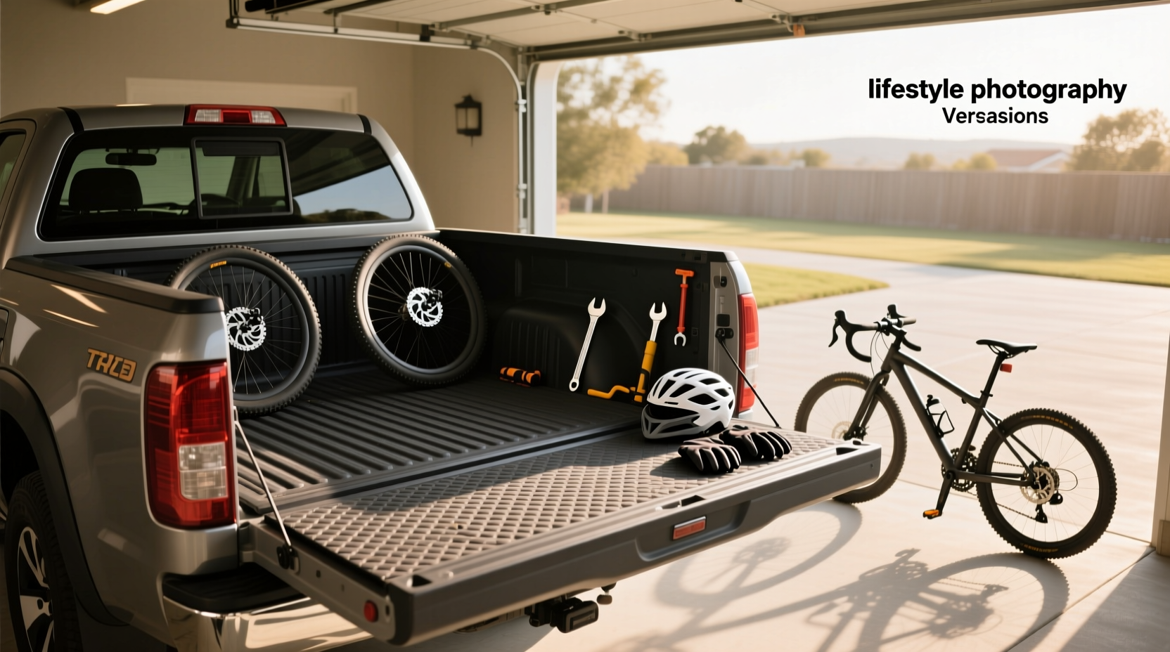 Pickup truck bed with multiple mountain bikes loaded using a tailgate pad and straps
