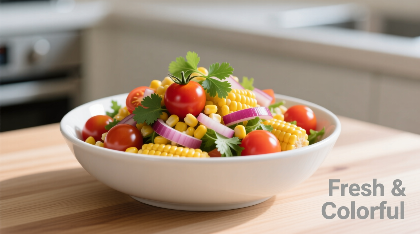 Colorful tomato corn salad in white bowl