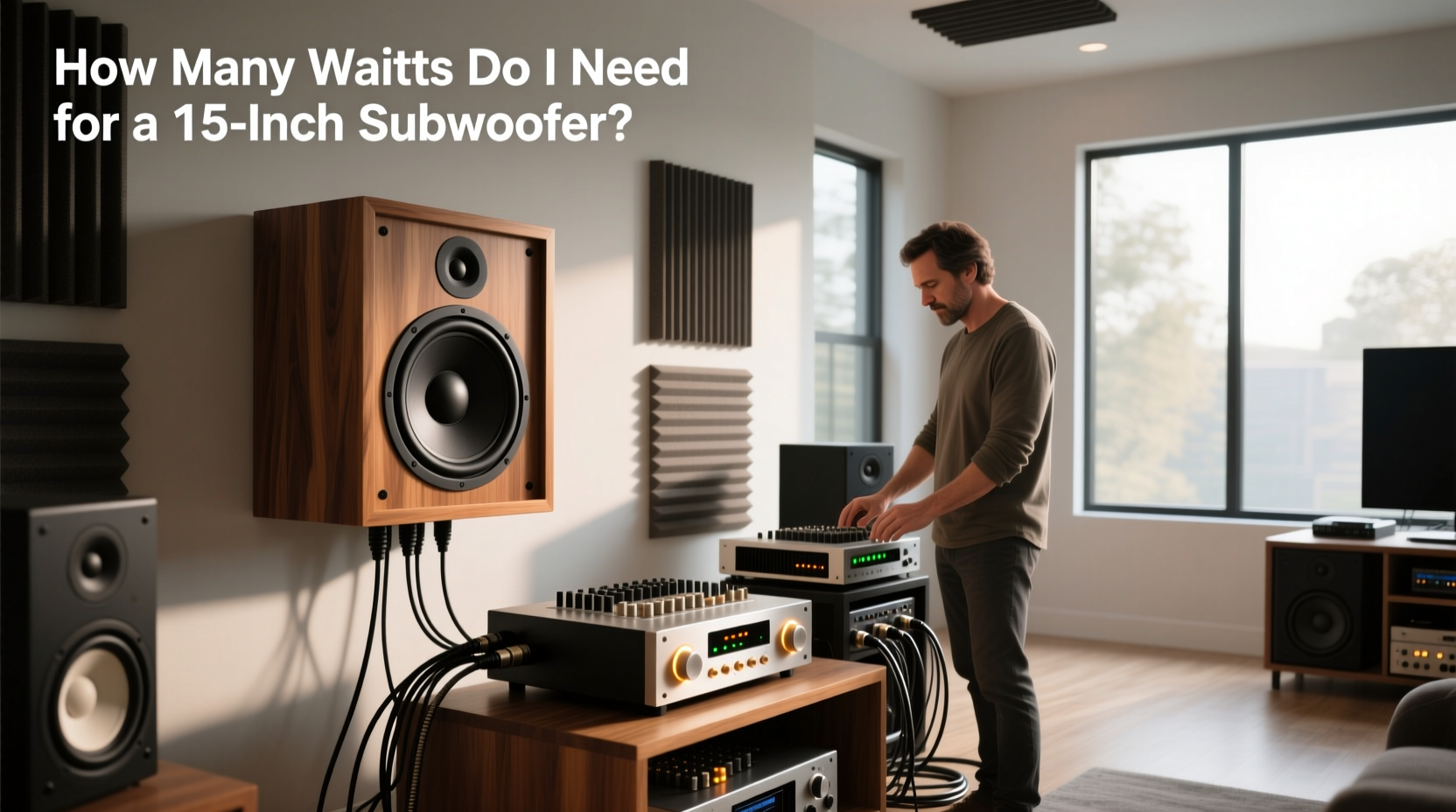 Amplifier connected to a 15-inch subwoofer showing wiring and connections