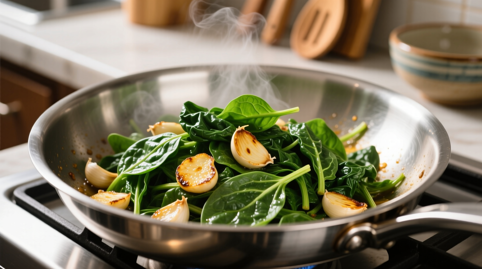 Fresh spinach sautéed with golden garlic in stainless steel pan