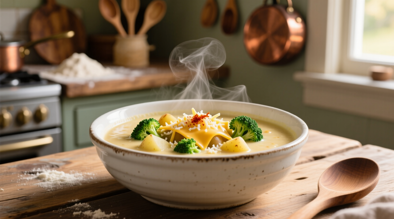 Creamy broccoli cheddar potato soup in white bowl