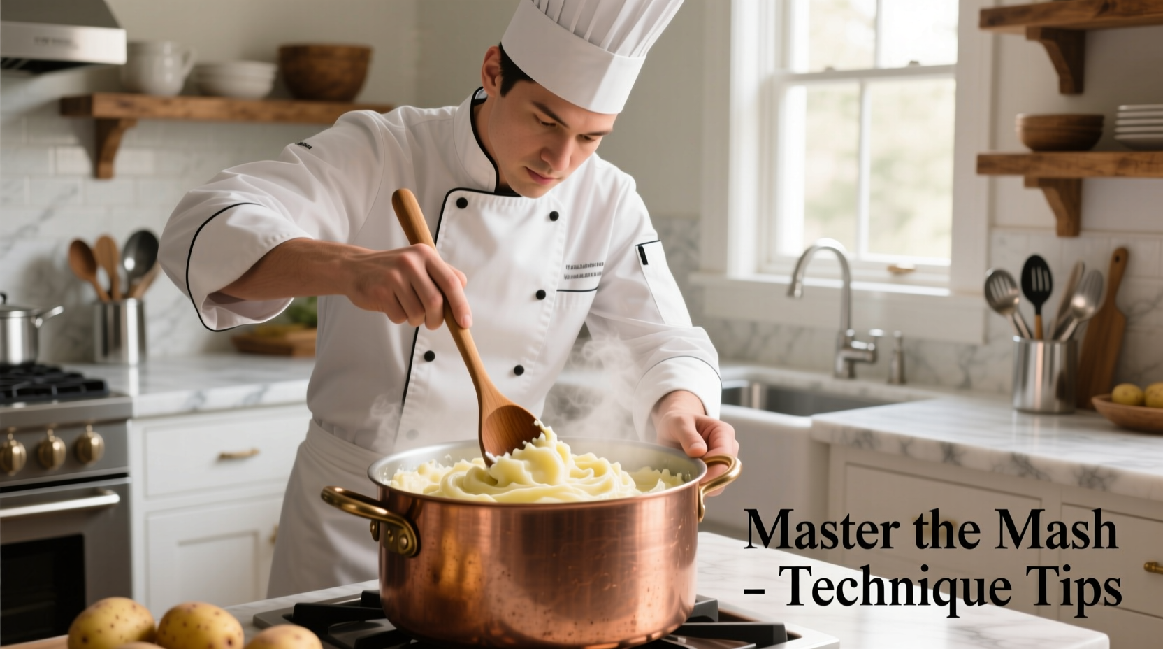 Professional chef demonstrating proper potato mashing technique