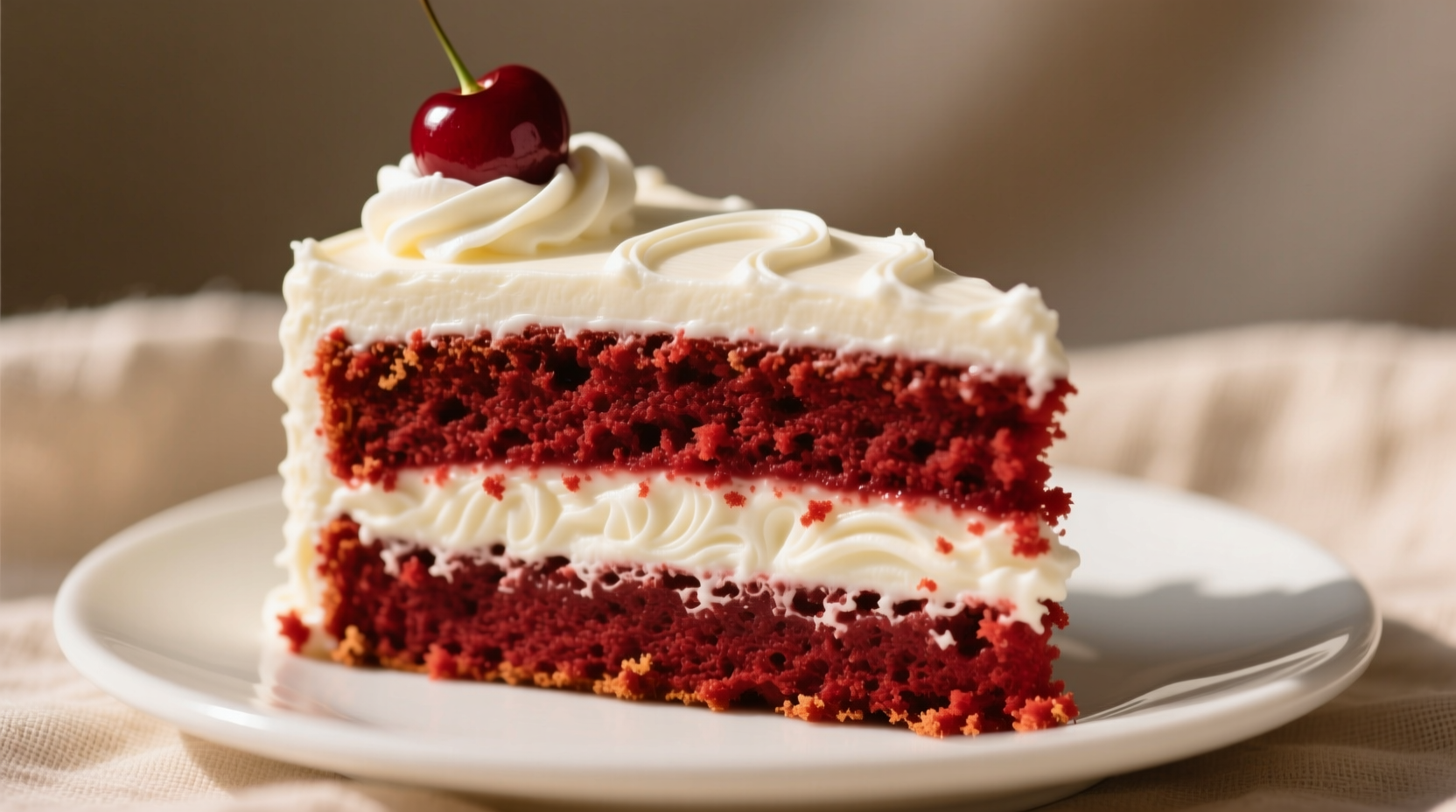 Slice of authentic red velvet cake with cream cheese frosting