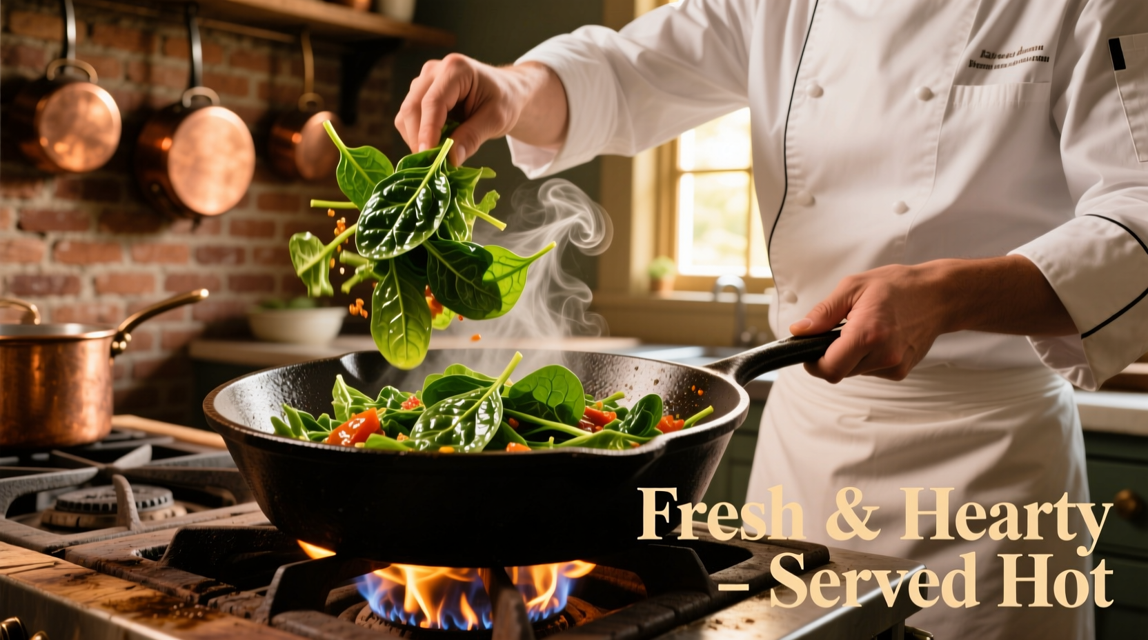 Chef tossing warm wilted spinach salad in cast iron skillet