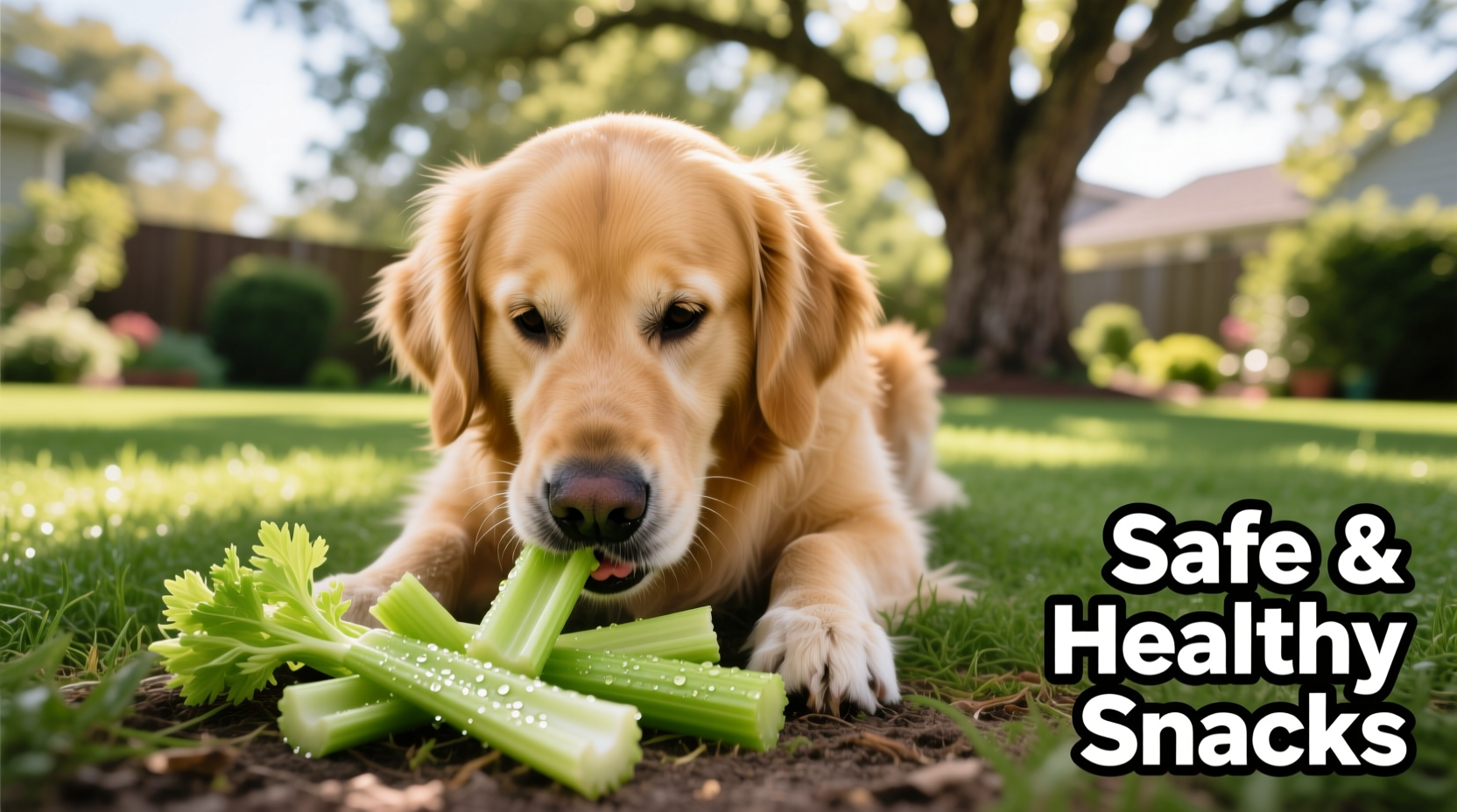 Golden Retriever safely eating small pieces of celery
