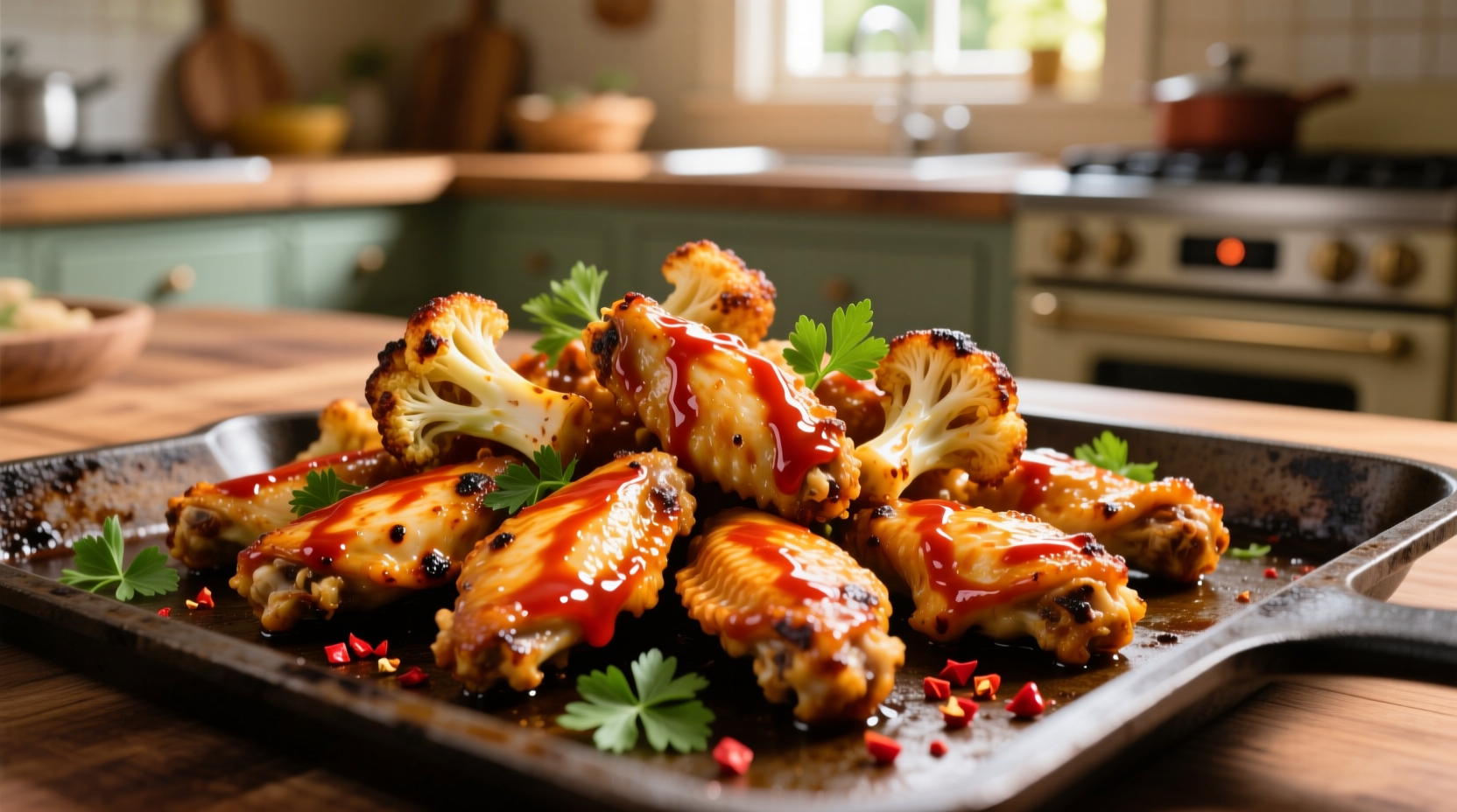 Crispy golden cauliflower buffalo wings on baking sheet