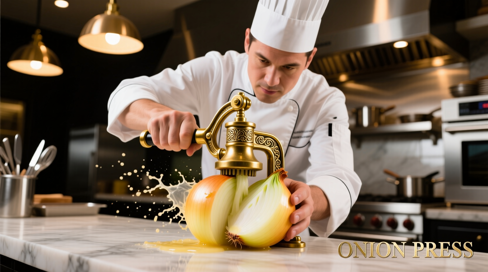 Professional chef using manual onion press cutter