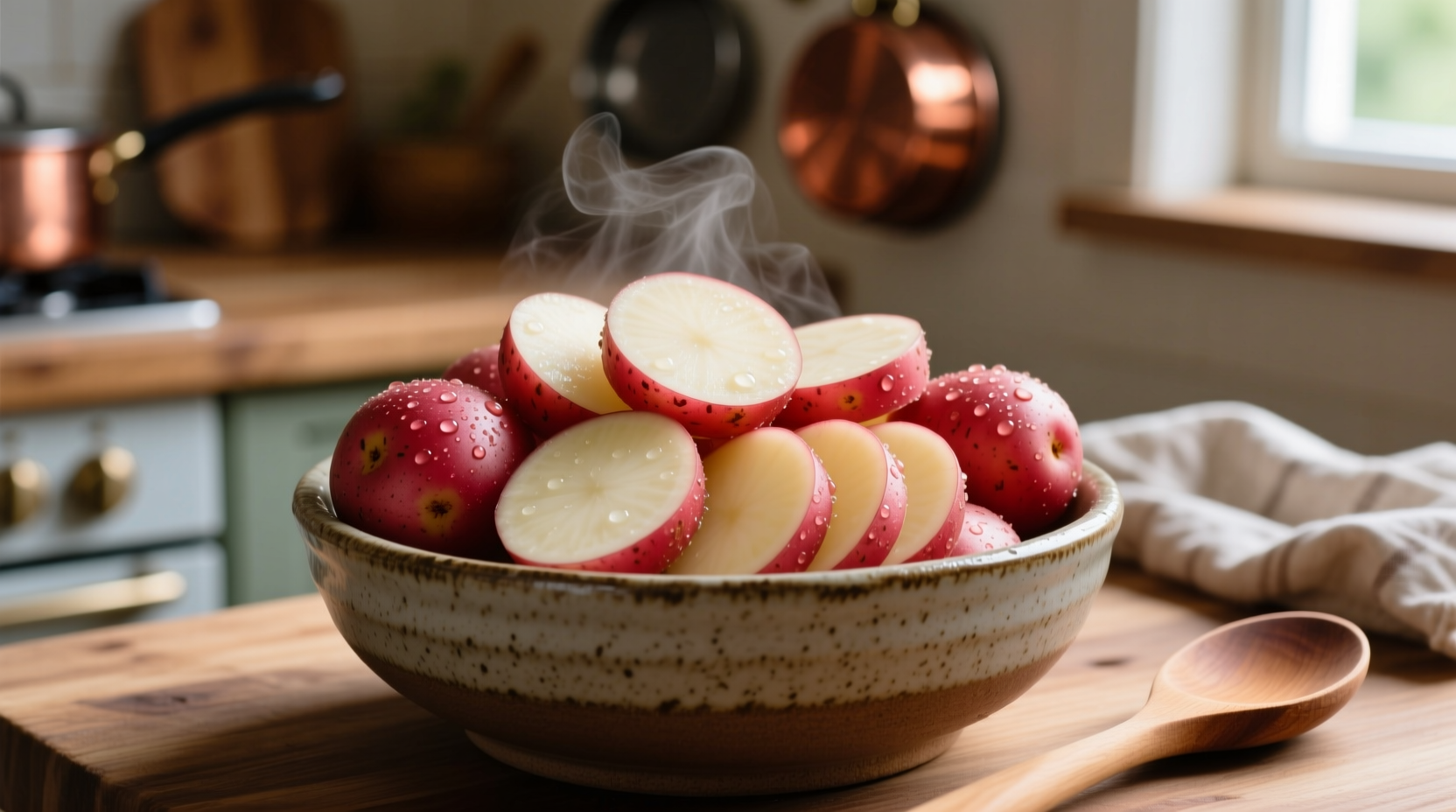 Fresh red potatoes sliced for creamy potato soup