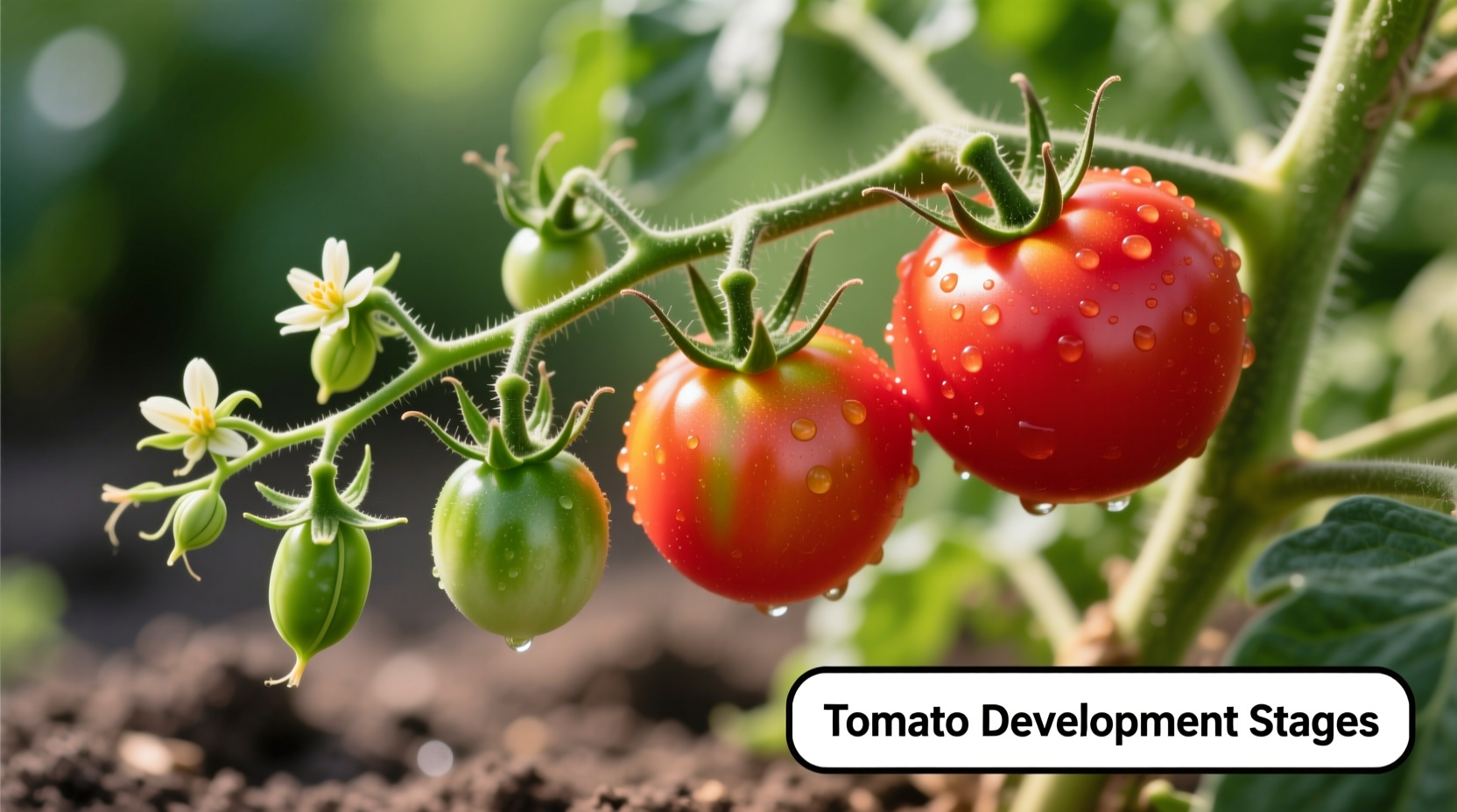 Tomato plant showing fruit development stages