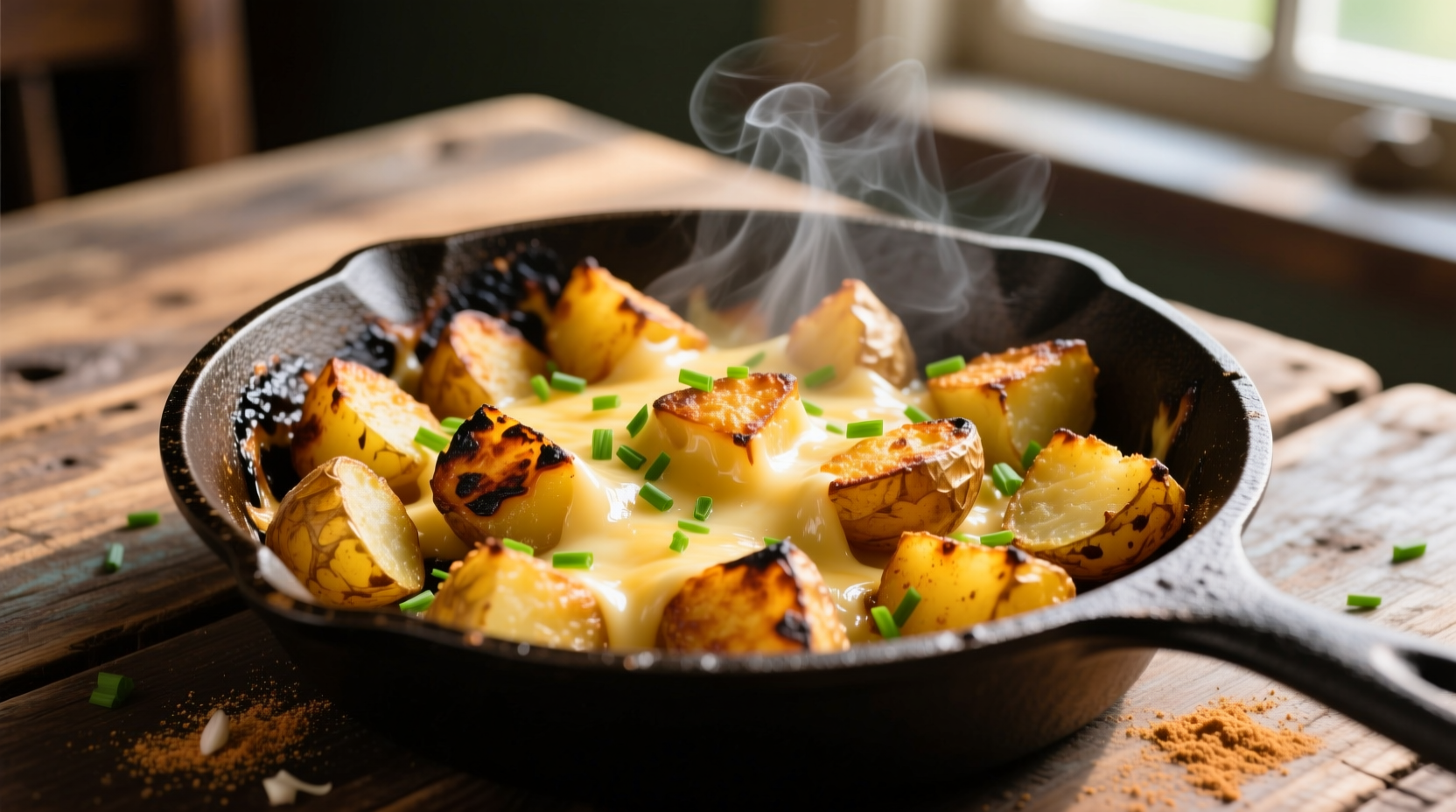 Crispy golden hash brown cheesy potatoes in cast iron skillet