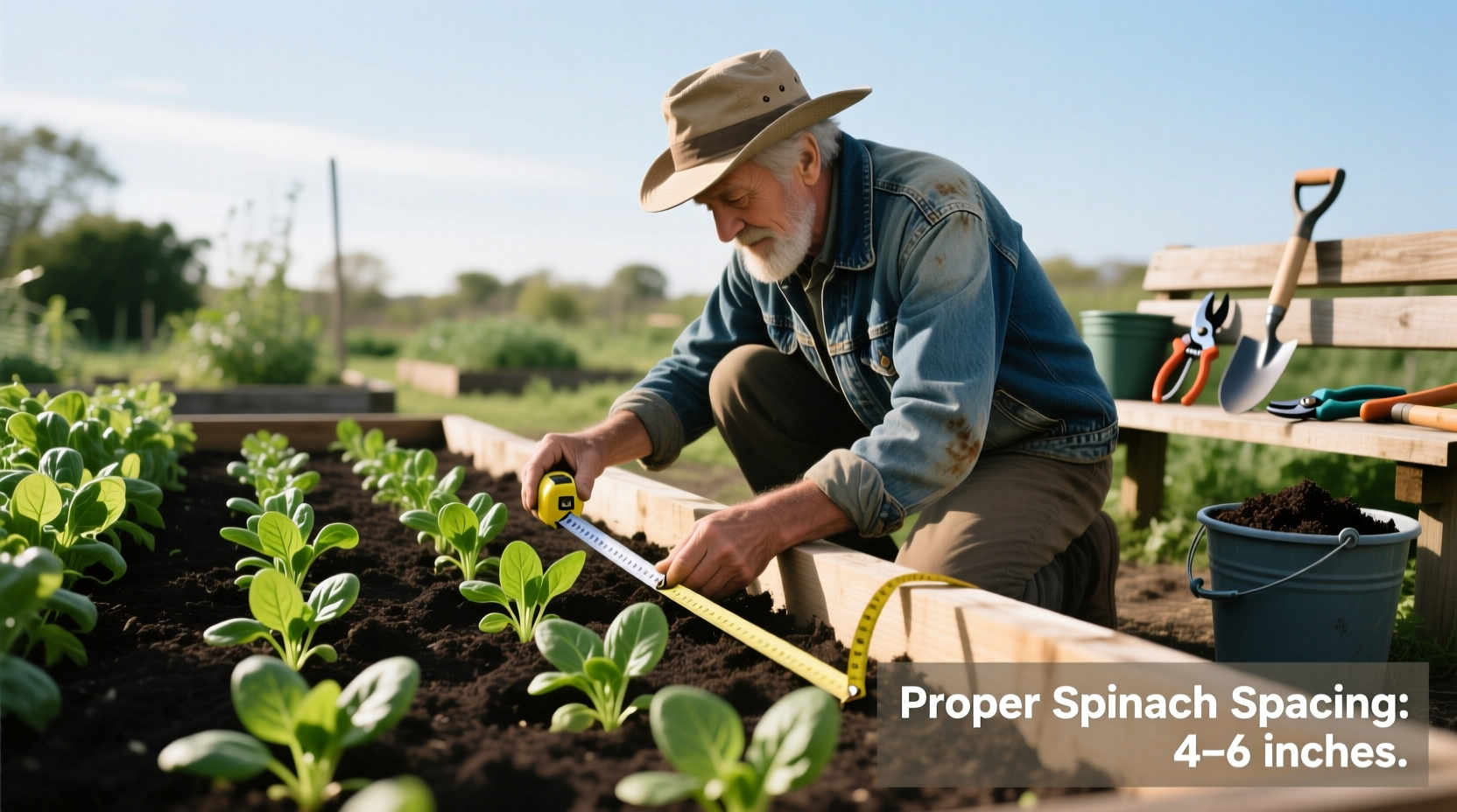 Gardener measuring proper spinach spacing in raised bed