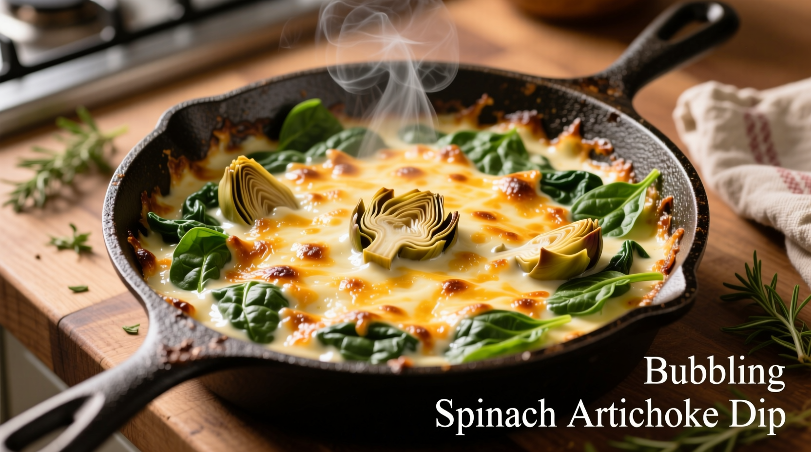Bubbling spinach artichoke dip in cast iron