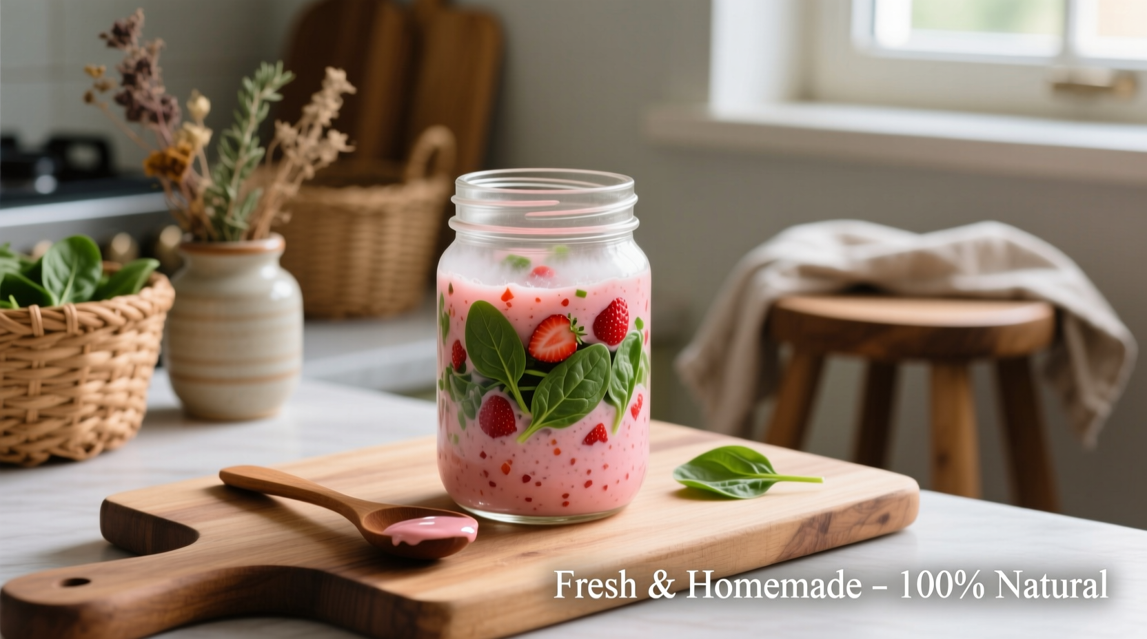 Homemade strawberry spinach salad dressing in glass jar