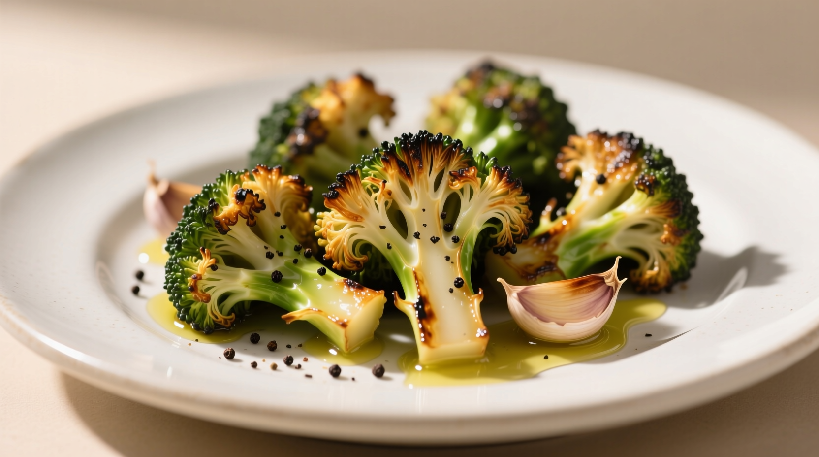 Crispy roasted broccoli and garlic on white plate