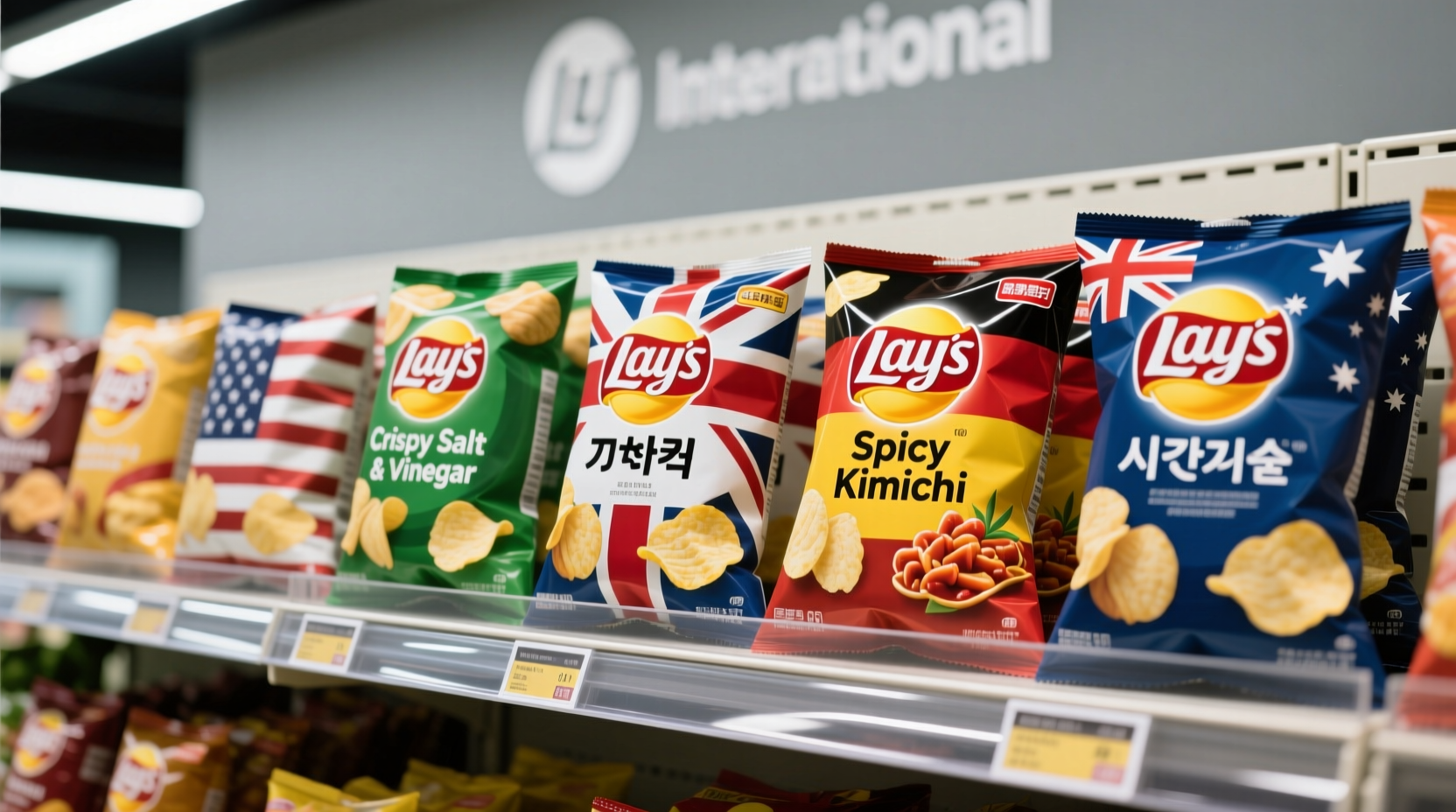 Lay's potato chips varieties displayed in international packaging
