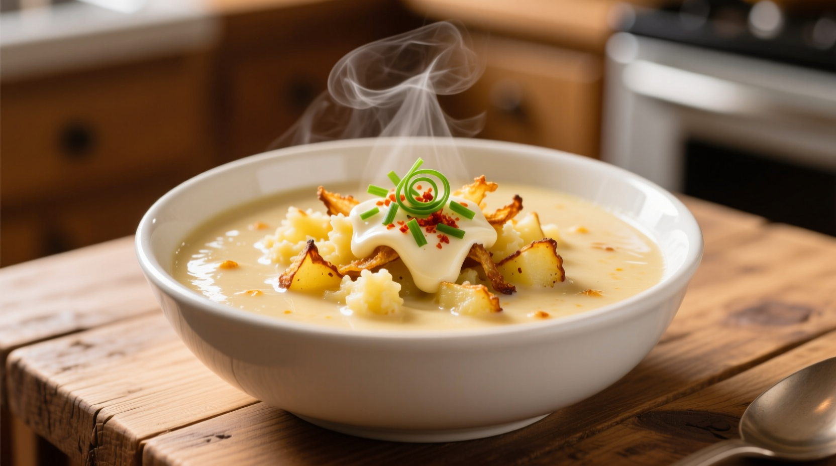 Cream cheese hash brown potato soup in white bowl