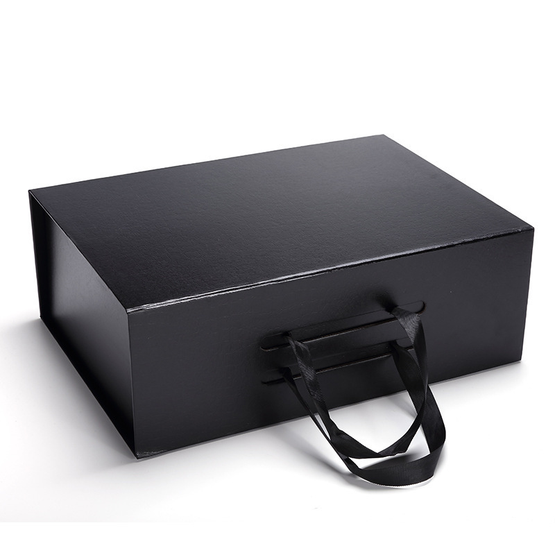 Logotipo de impressão personalizado de luxo Caixa de papel dobrável preto preto com fita