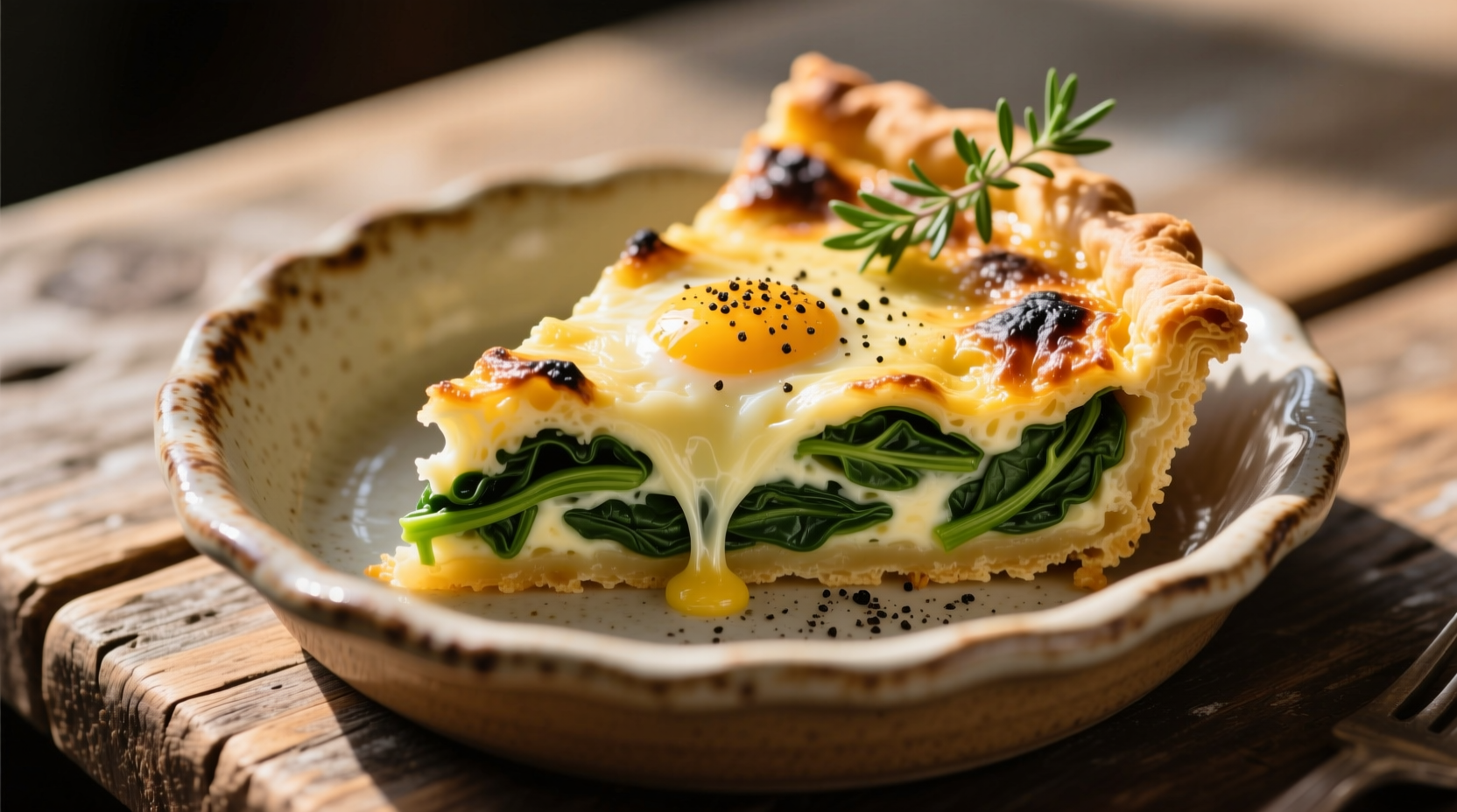 Perfectly golden spinach and gruyere quiche slice