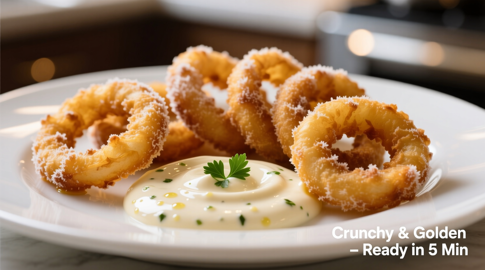 Golden brown frozen onion rings on white plate with dipping sauce