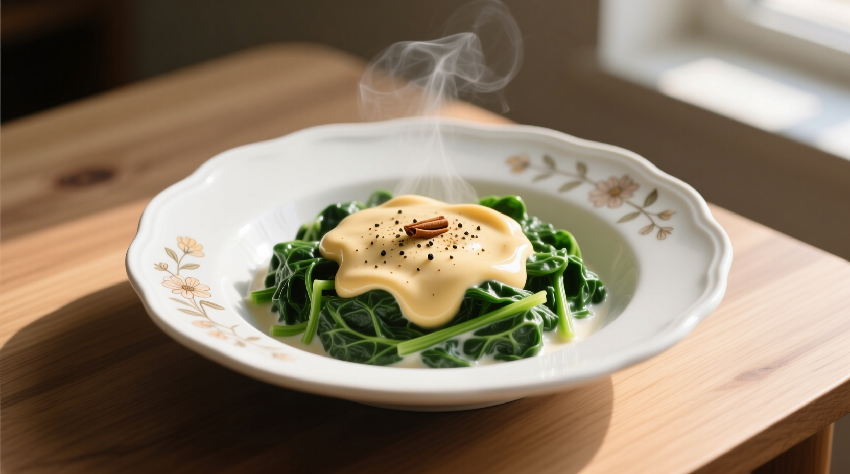 Creamed frozen spinach in white ceramic dish