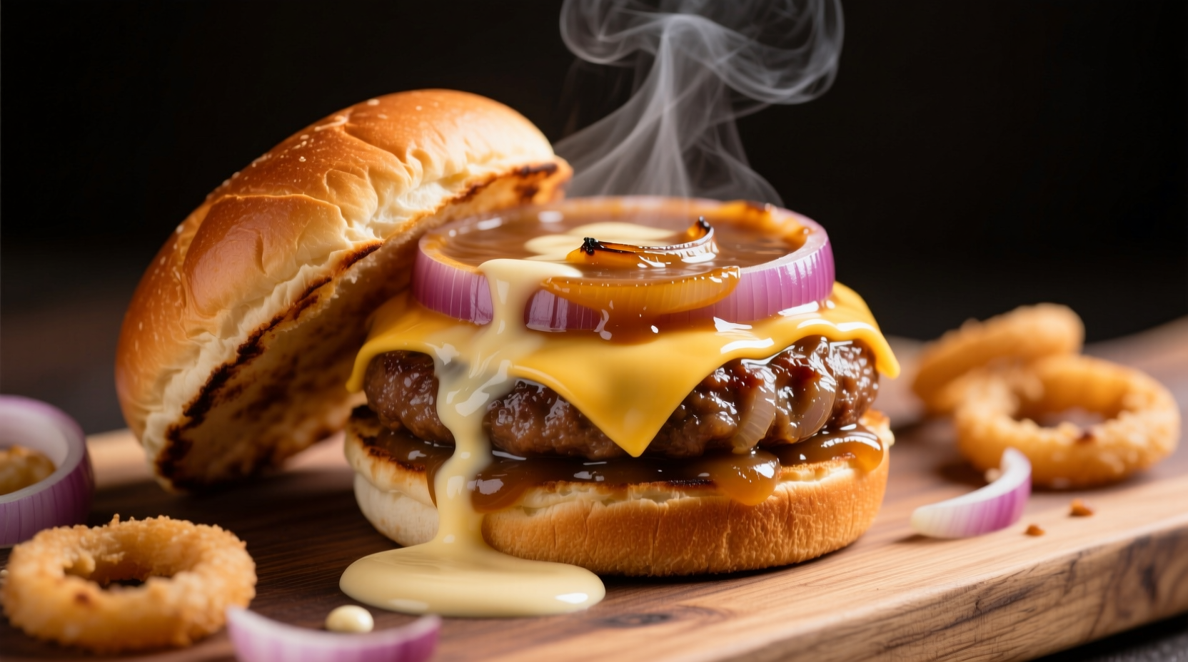 Juicy onion soup burger with melted cheese on toasted bun