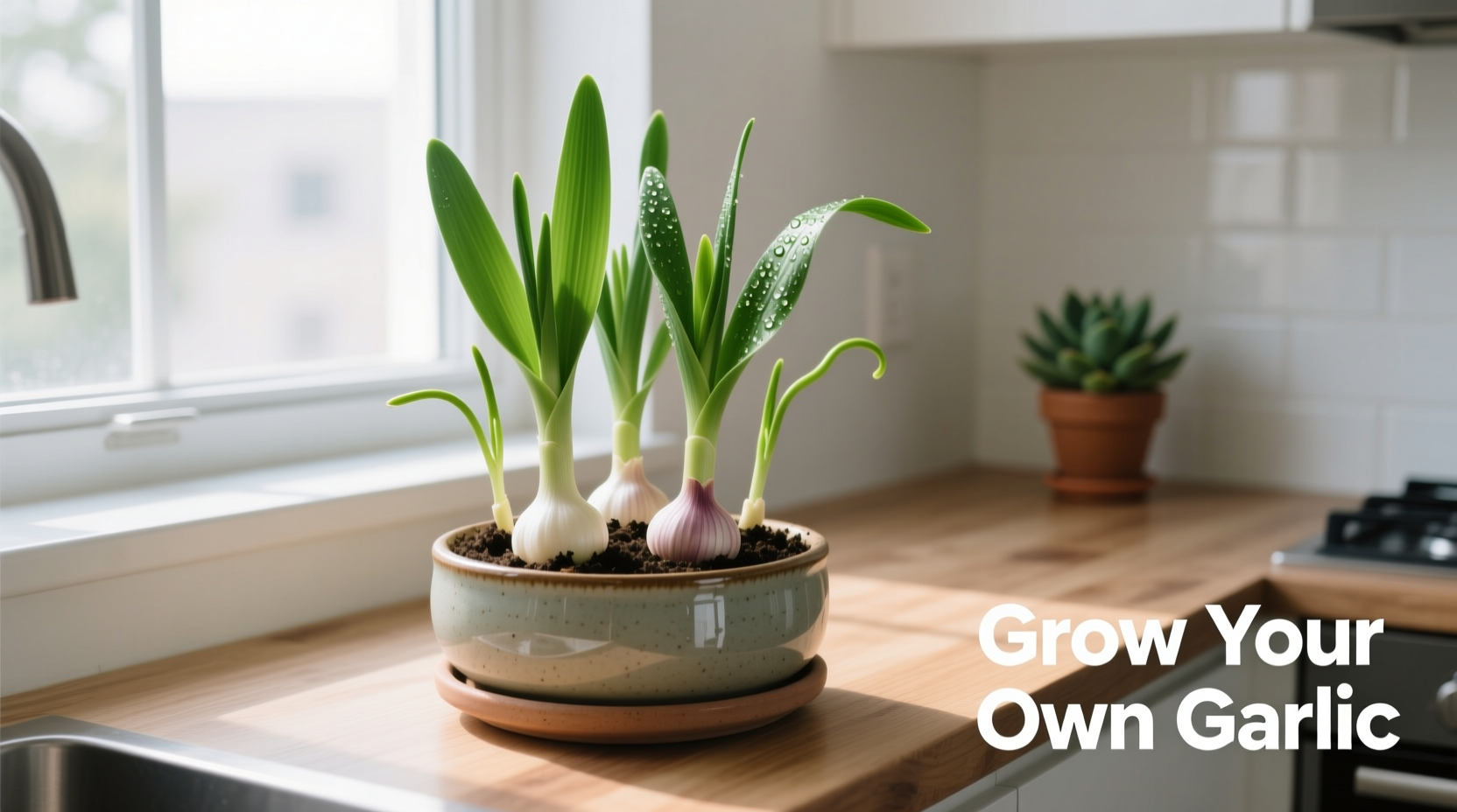 Indoor garlic growing in container with healthy green shoots