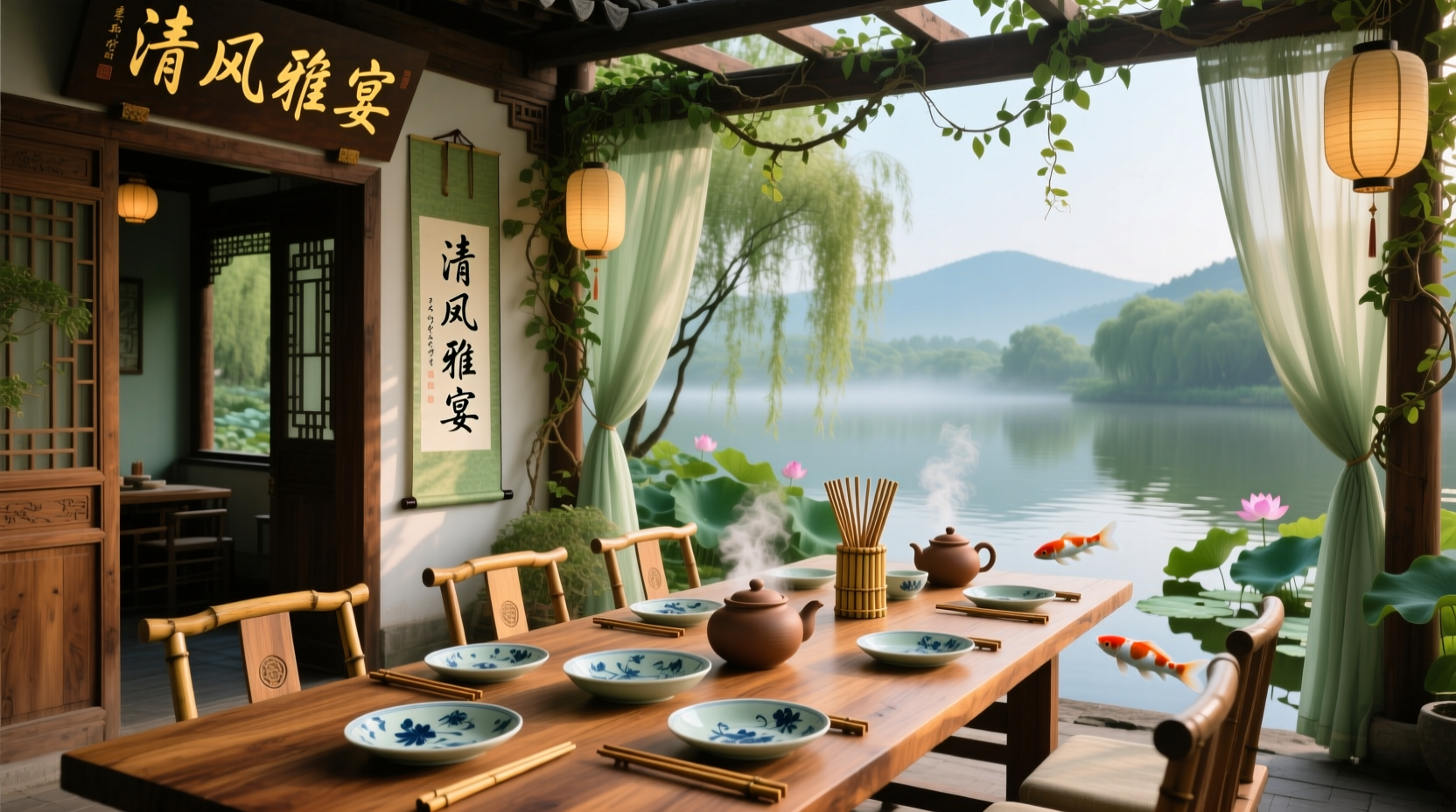 Traditional Chinese dining area at Little Green Onion Riverside