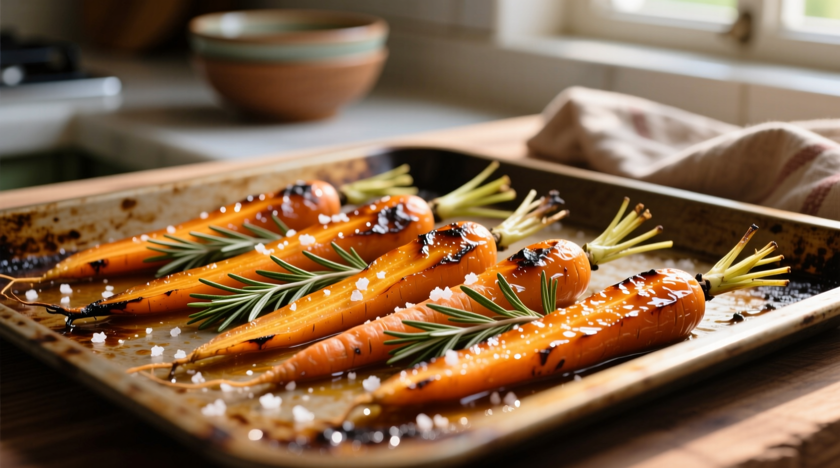Golden roasted carrots with herbs on baking sheet
