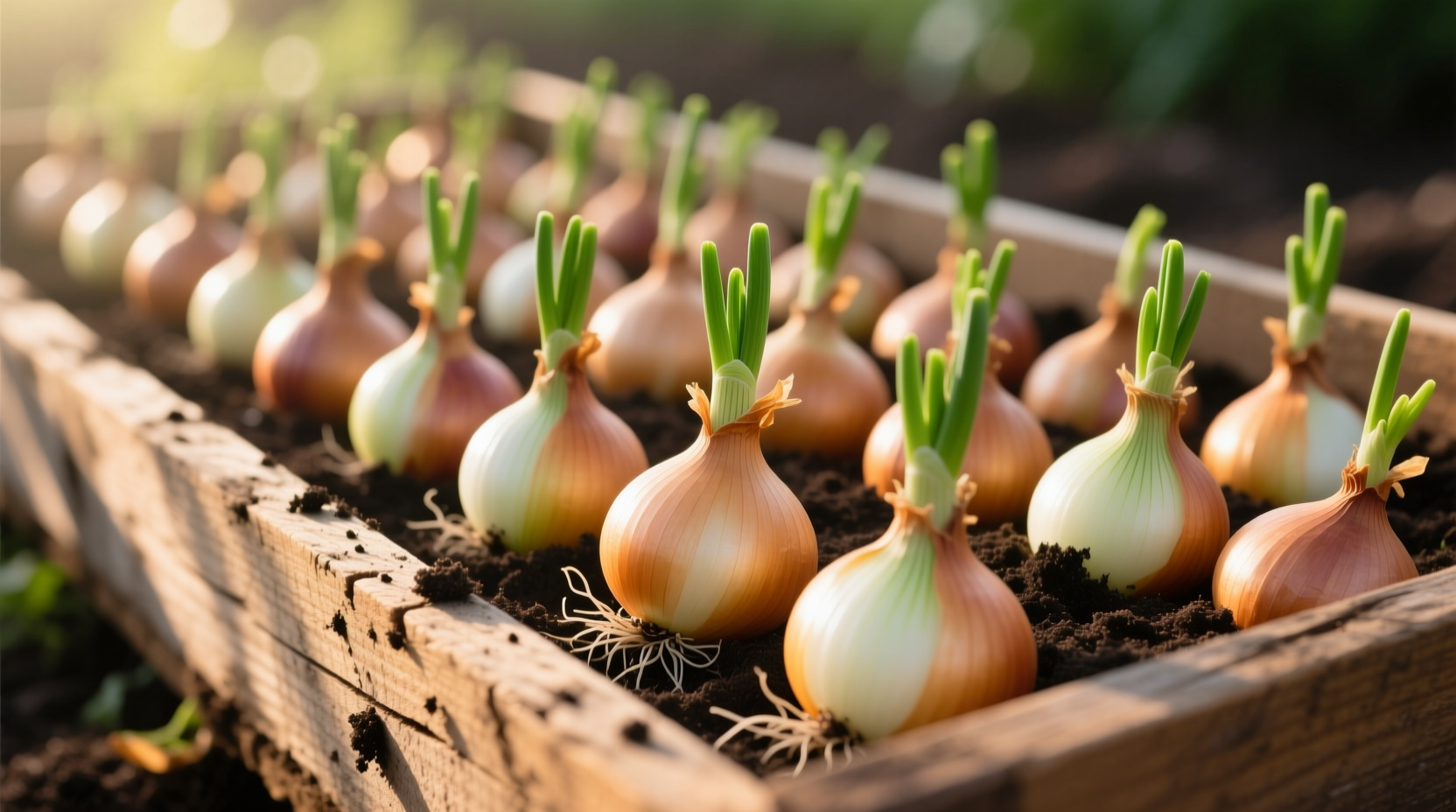 Fresh onion sets arranged in wooden planting tray