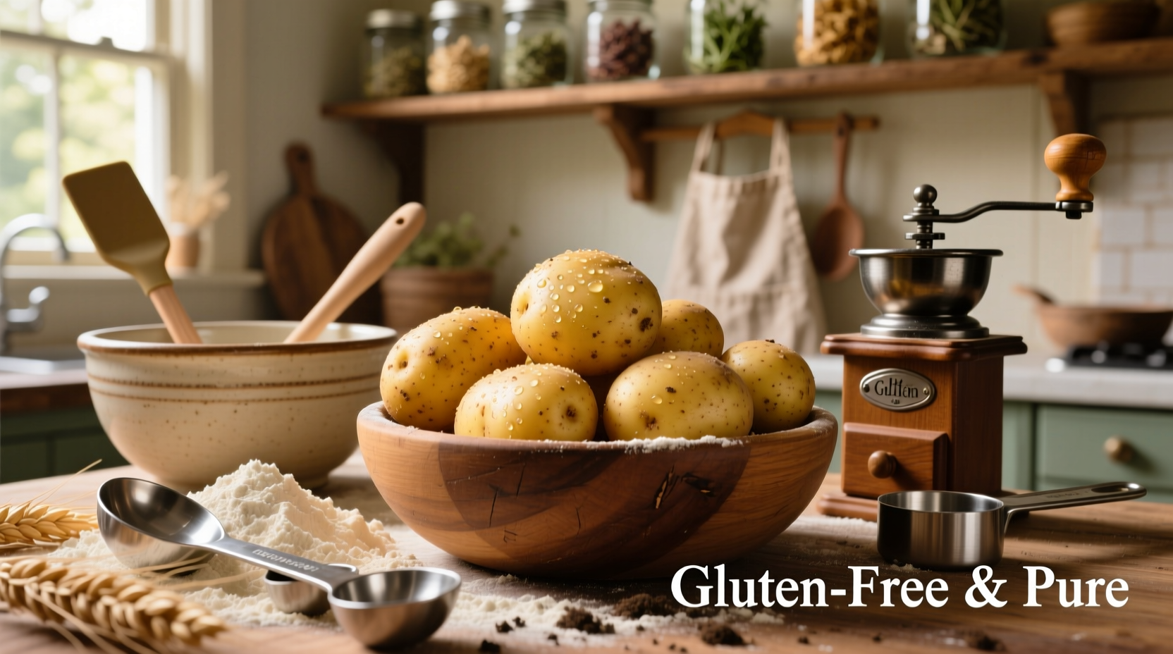 Fresh potatoes and gluten-free preparation tools