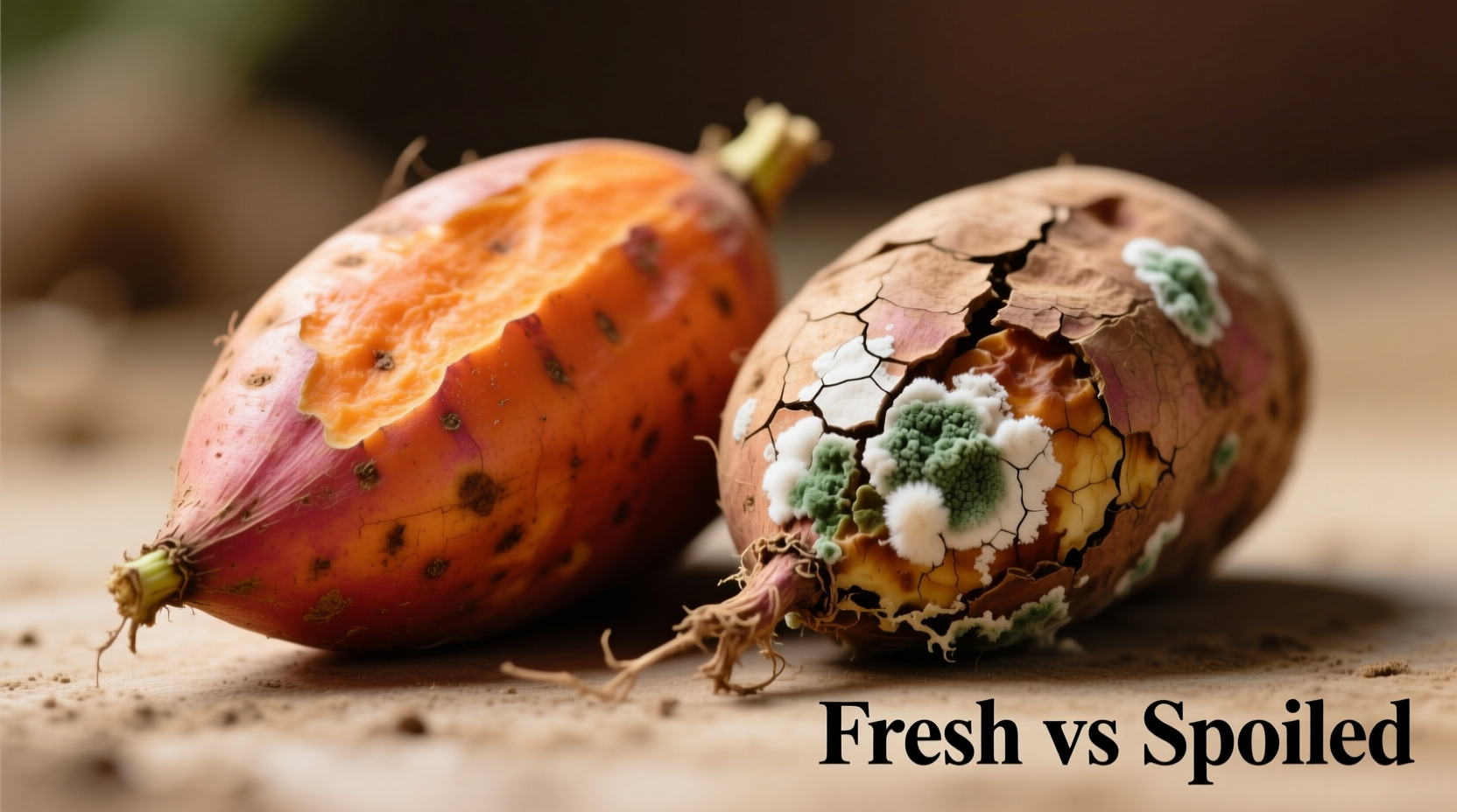 Close-up of fresh versus spoiled sweet potatoes side by side