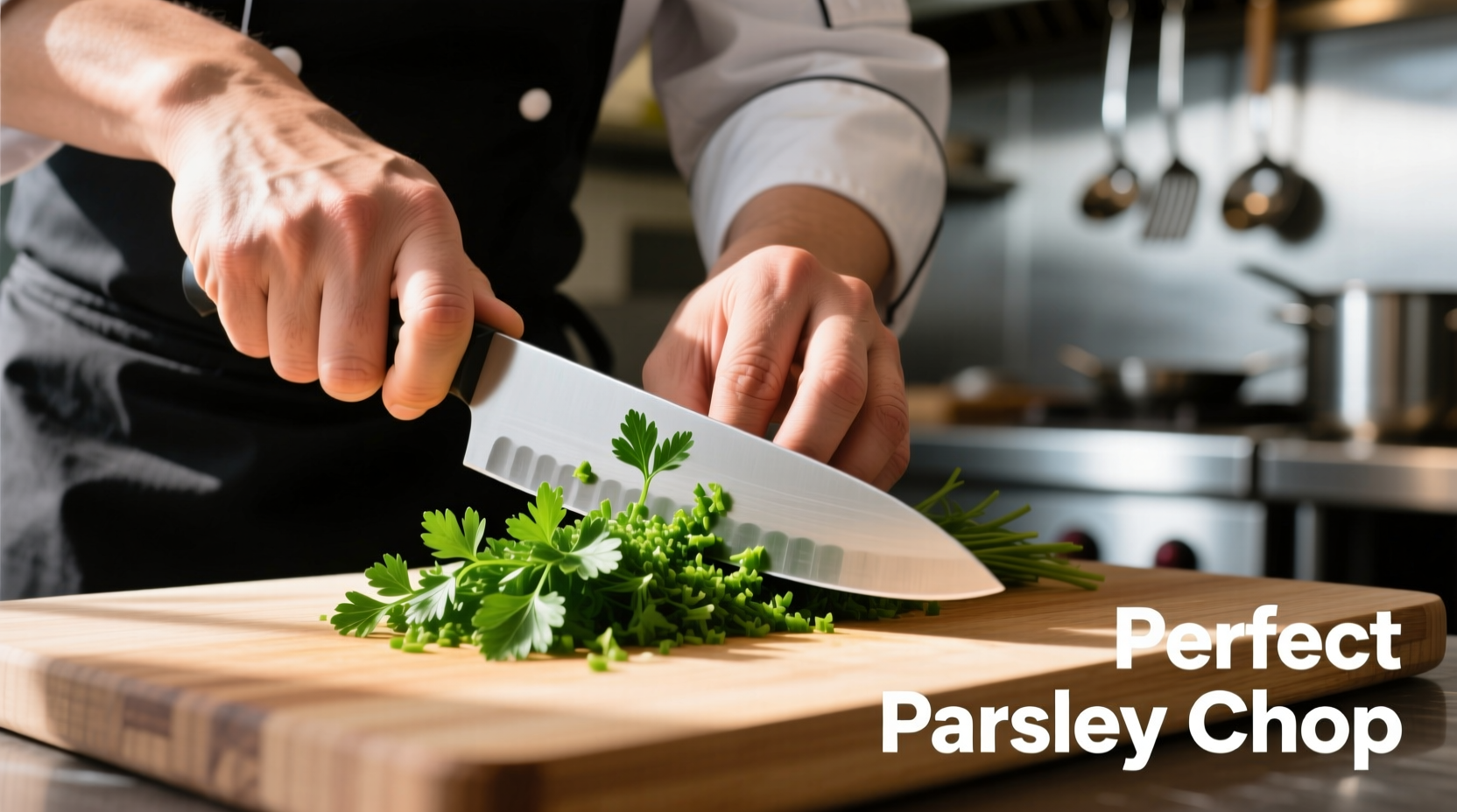 Chef's hands demonstrating proper parsley cutting technique