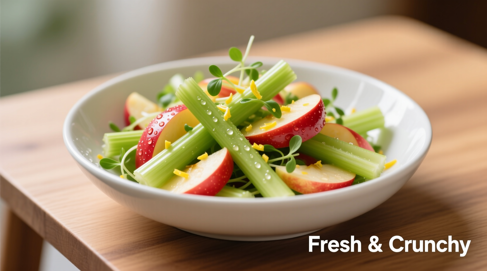 Colorful celery and apple salad in a white bowl