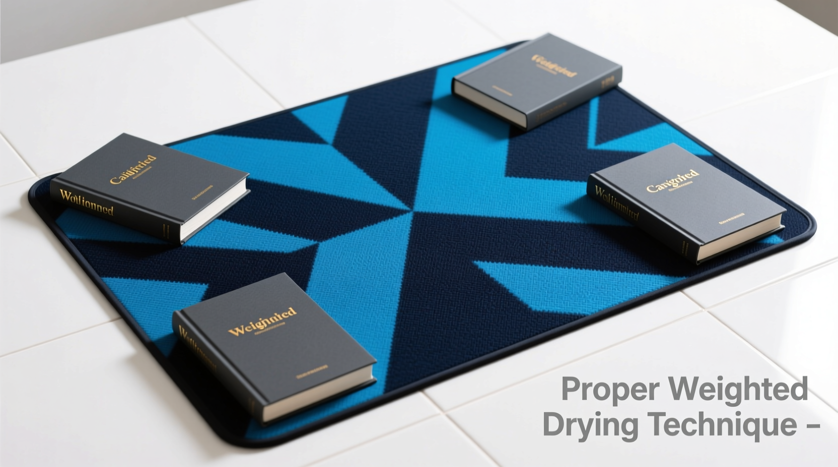 Top-down photo of a gaming desk mat laid flat on smooth tile, with four identical hardcover books placed precisely over each corner, illustrating proper weighted drying technique